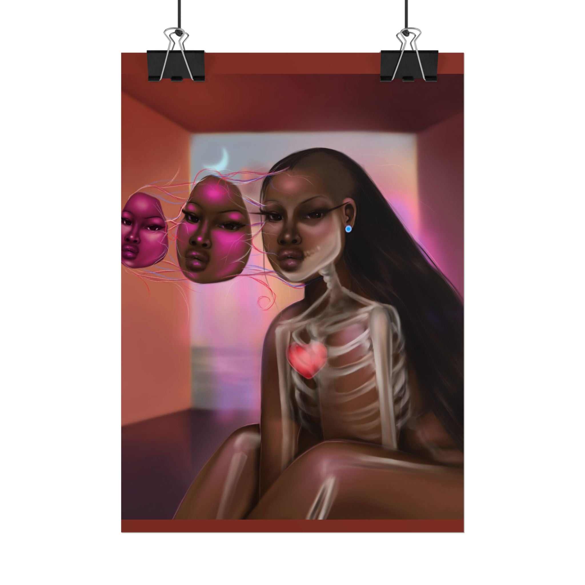 Surreal Afro-Futurist Anatomy Poster — Black Woman with Floating Masks Art Print