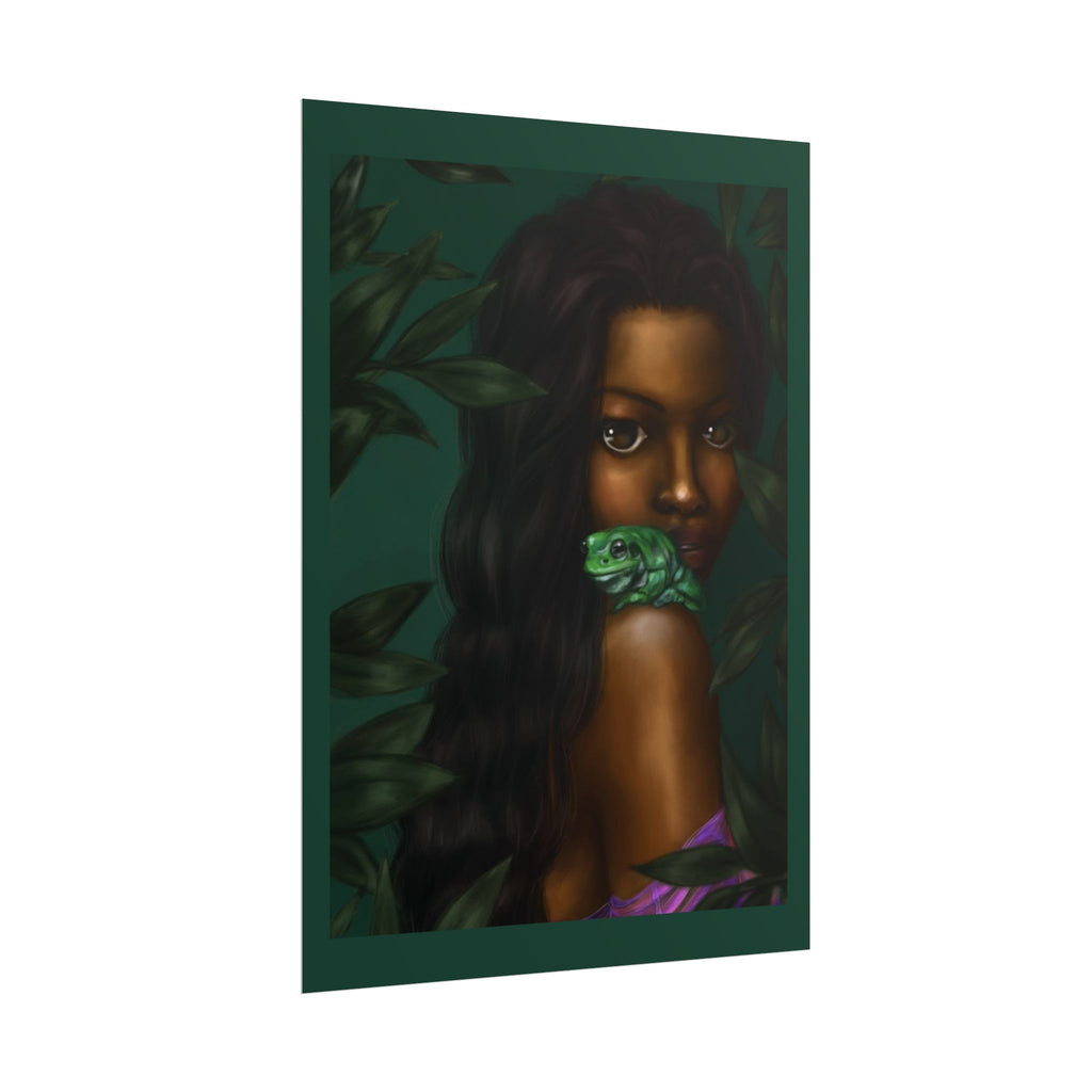 Jungle Muse Portrait Poster — Dark-Skinned Woman with Green Frog Rolled Art Print
