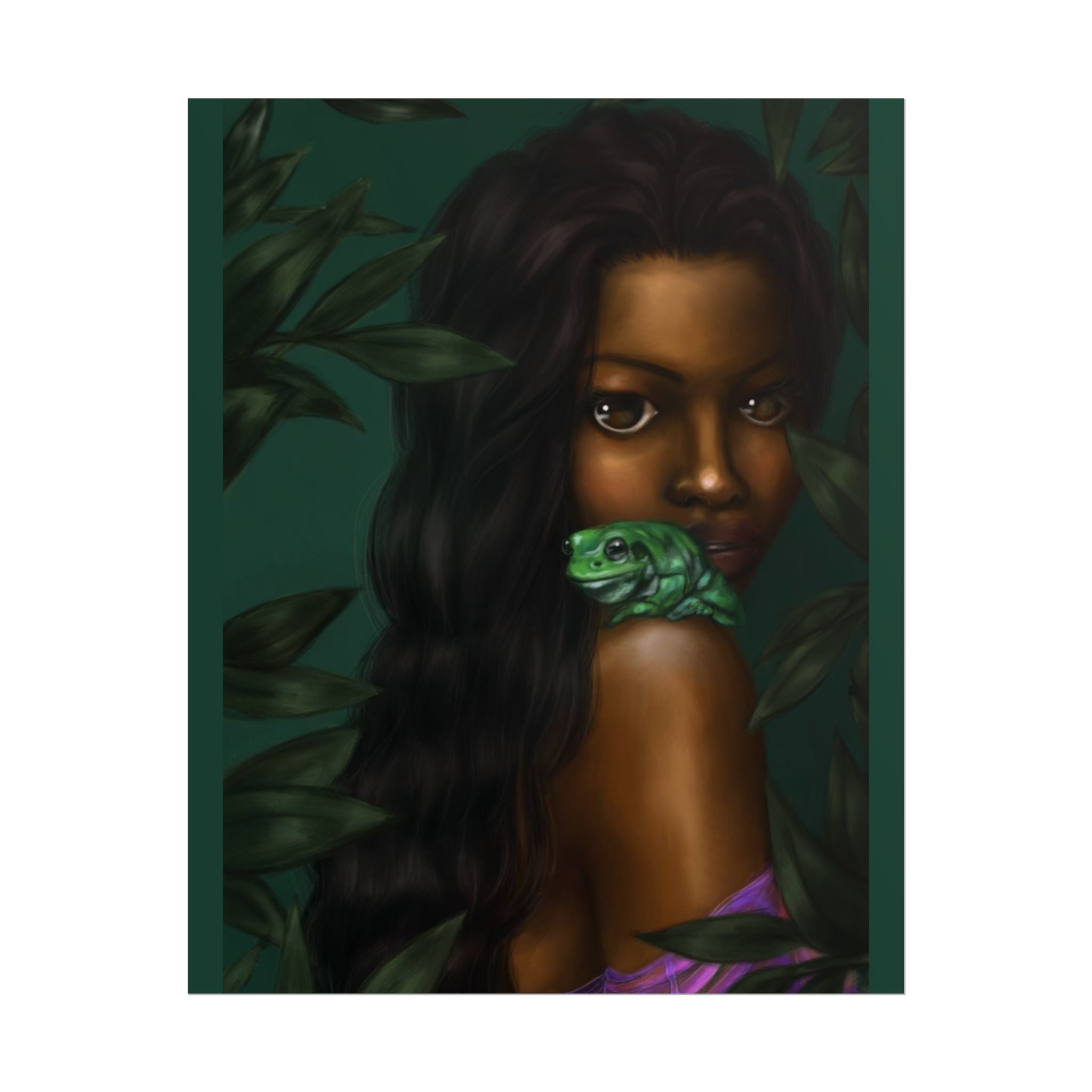 Jungle Muse Portrait Poster — Dark-Skinned Woman with Green Frog Rolled Art Print