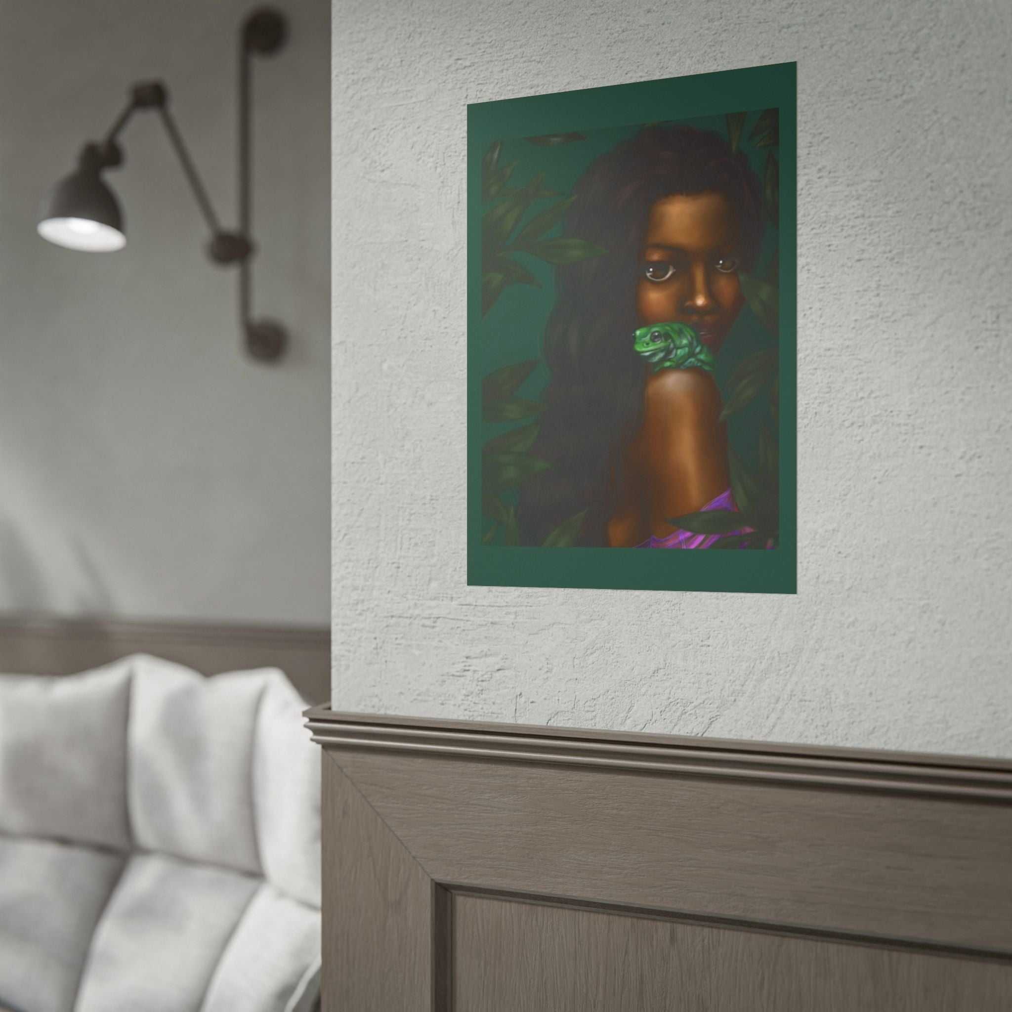 Jungle Muse Portrait Poster — Dark-Skinned Woman with Green Frog Rolled Art Print