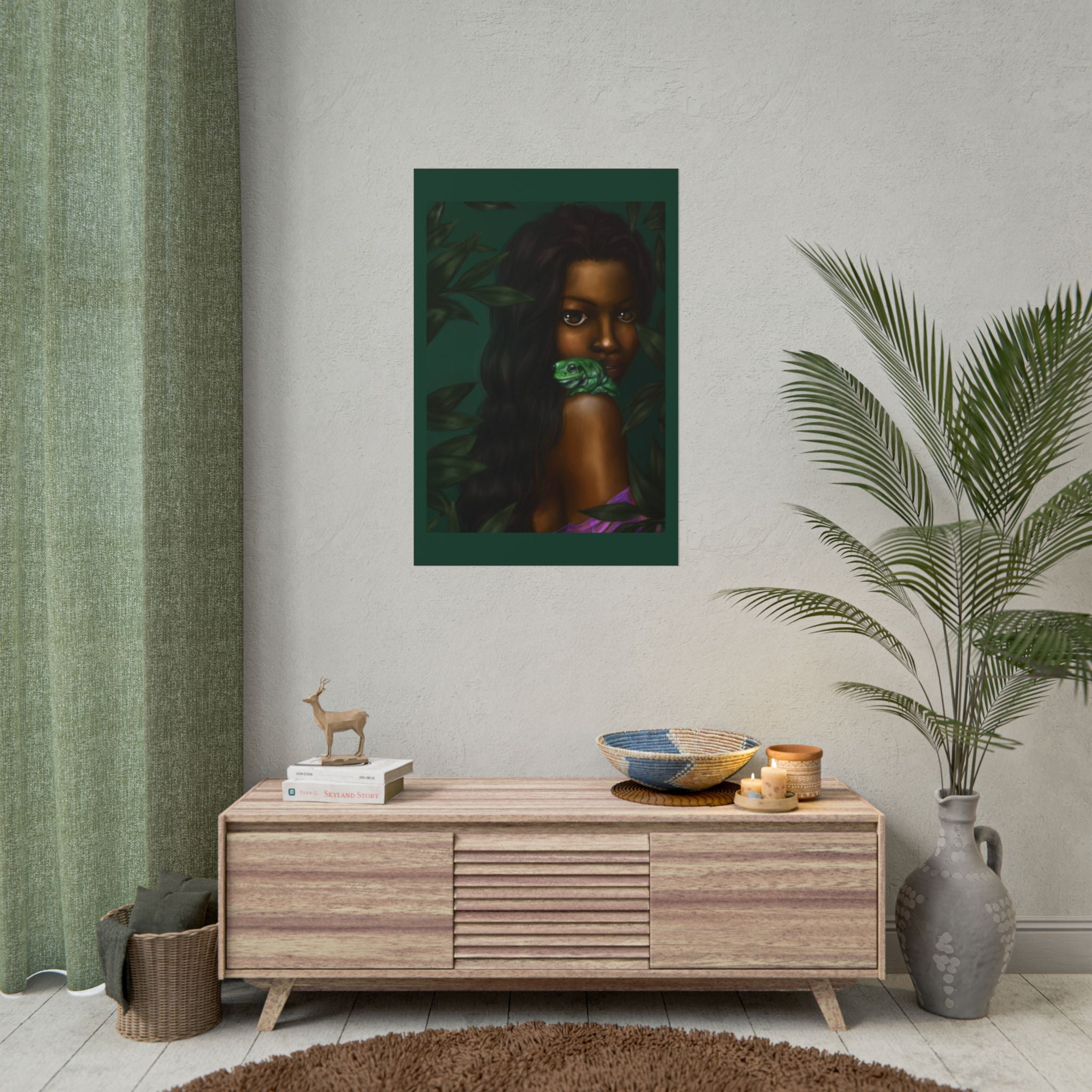 Jungle Muse Portrait Poster — Dark-Skinned Woman with Green Frog Rolled Art Print