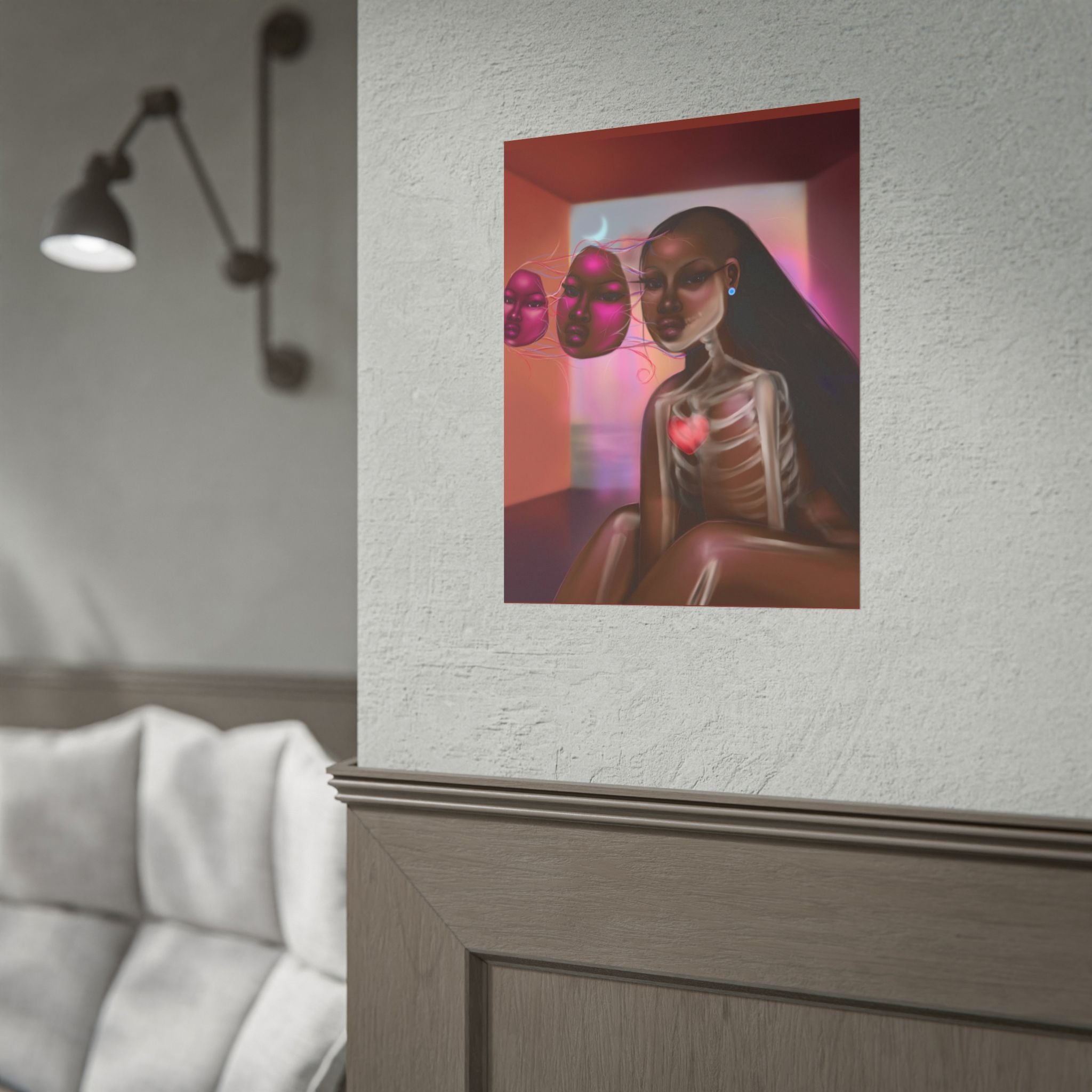 Surreal Afro-Futurist Anatomy Poster — Black Woman with Floating Masks Art Print