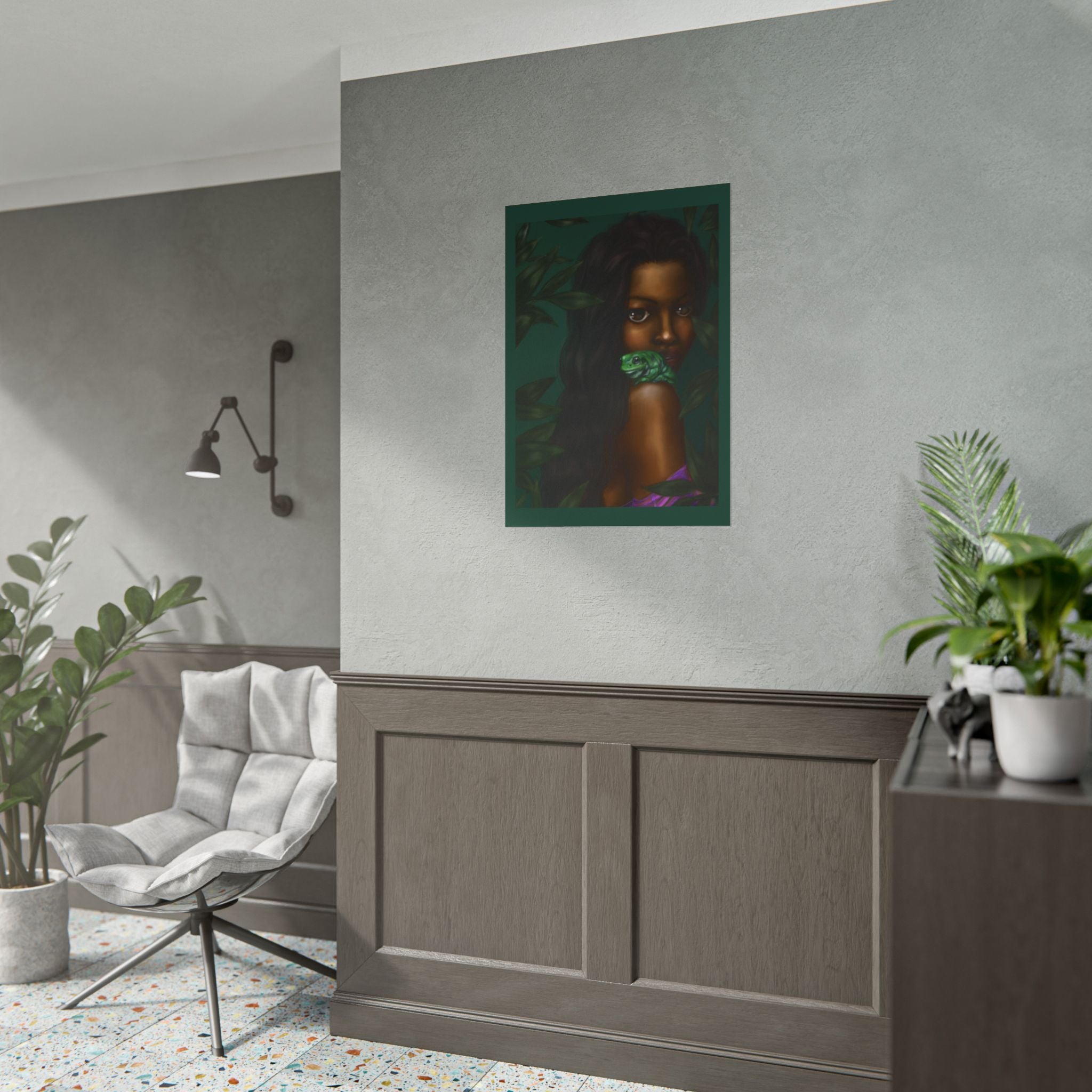 Jungle Muse Portrait Poster — Dark-Skinned Woman with Green Frog Rolled Art Print