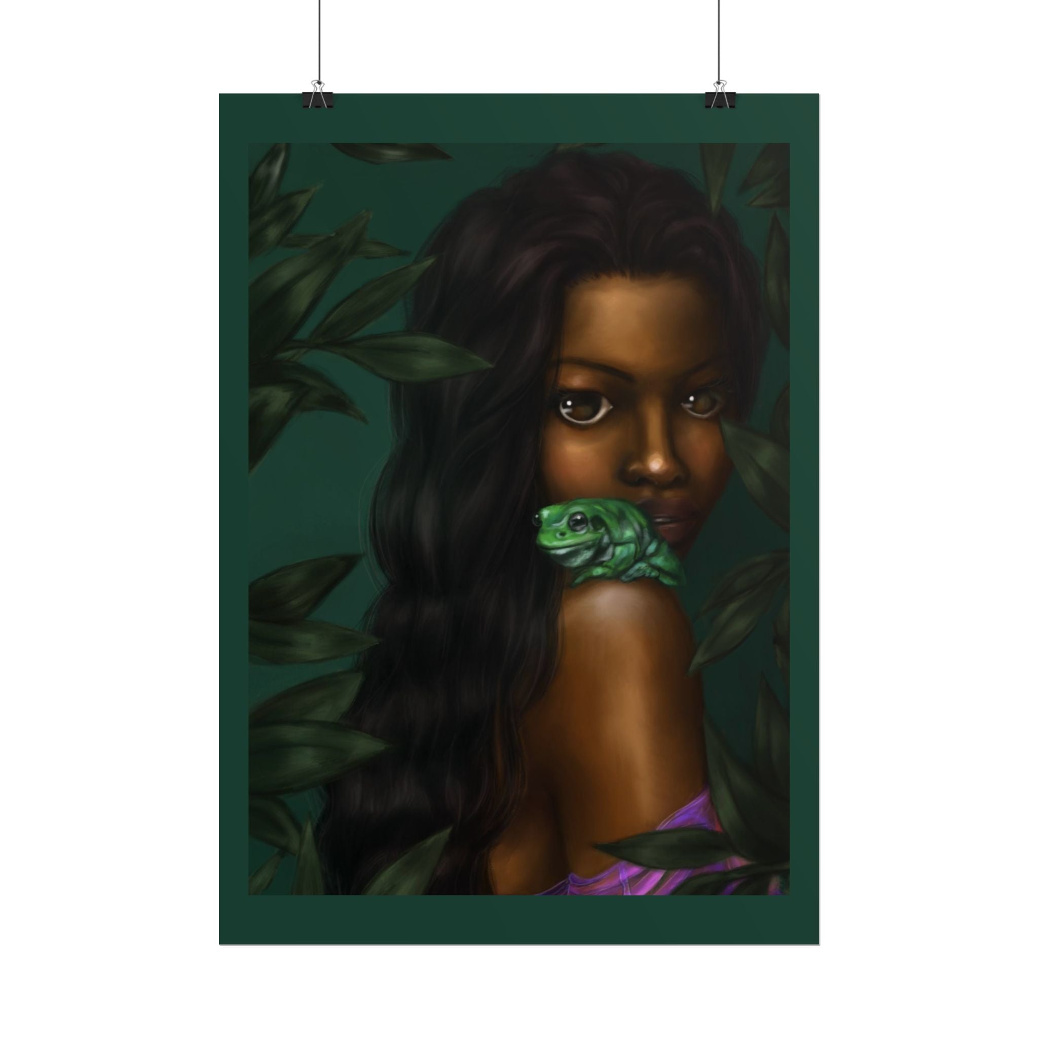 Jungle Muse Portrait Poster — Dark-Skinned Woman with Green Frog Rolled Art Print