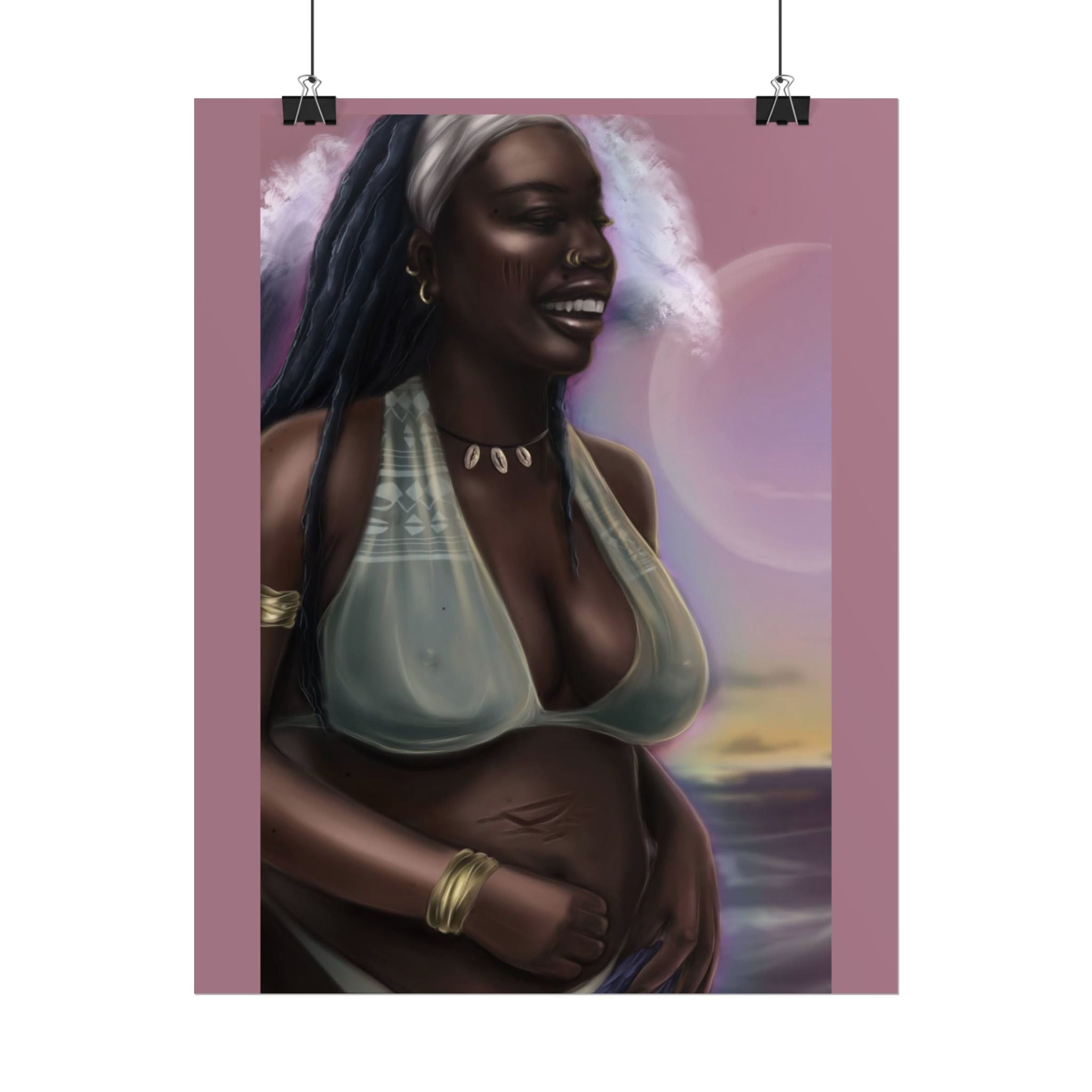 Pregnant Mother Portrait Rolled Poster — Afrocentric Beach Maternity Art Print