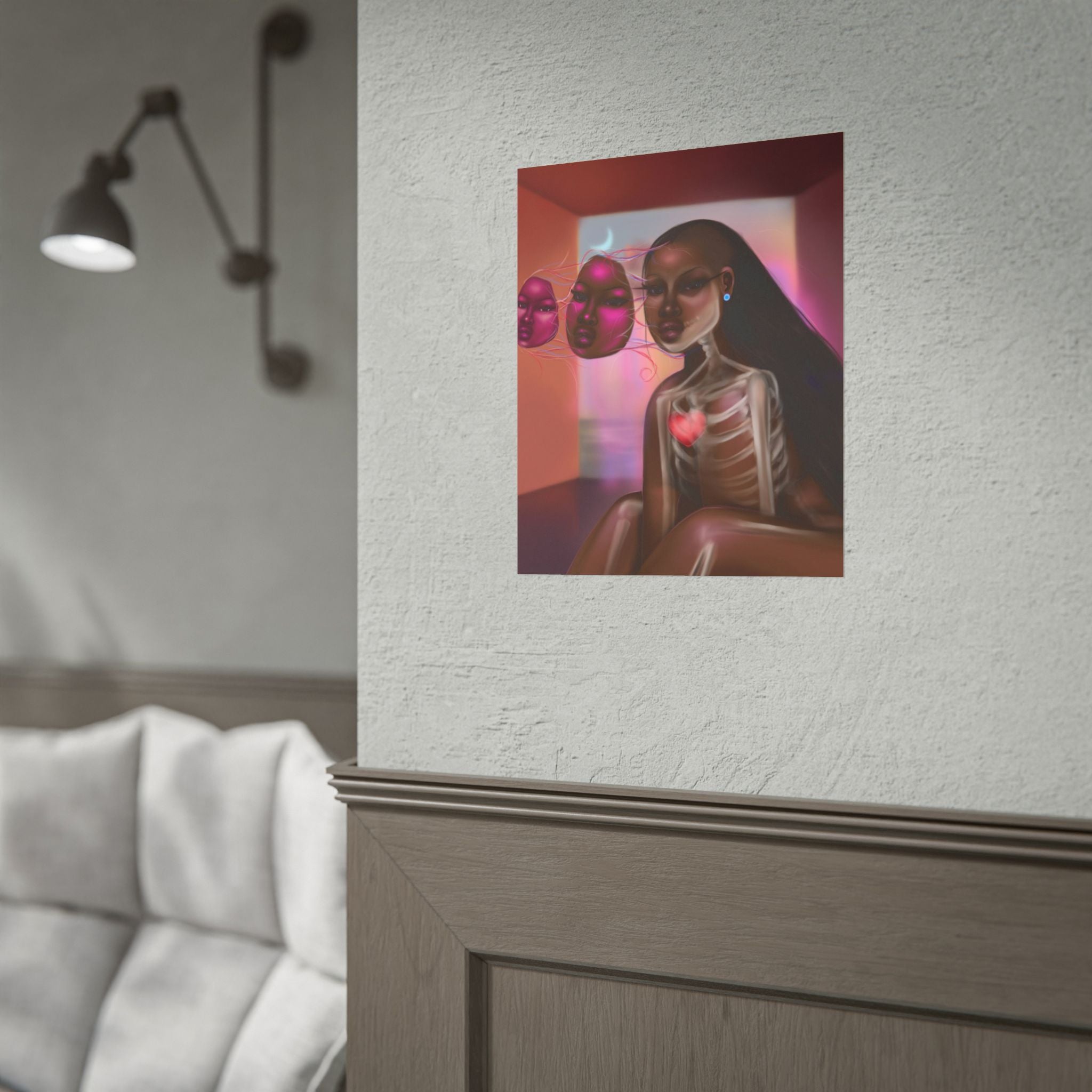 Surreal Afro-Futurist Anatomy Poster — Black Woman with Floating Masks Art Print