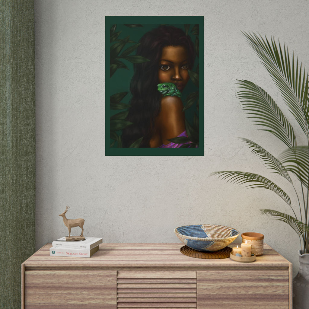 Jungle Muse Portrait Poster — Dark-Skinned Woman with Green Frog Rolled Art Print