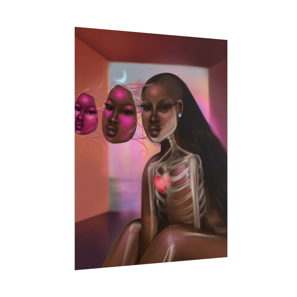 Surreal Afro-Futurist Anatomy Poster — Black Woman with Floating Masks Art Print