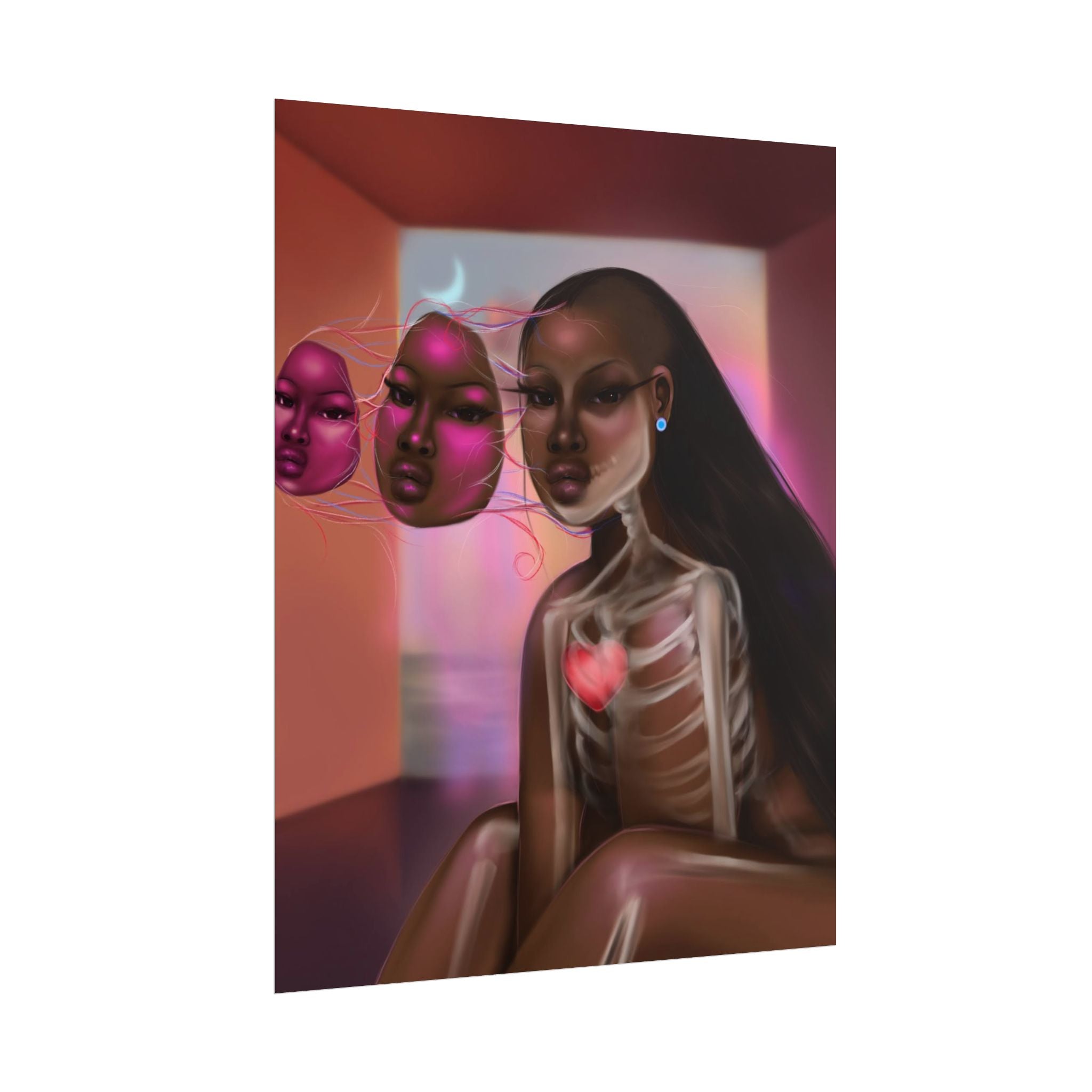Surreal Afro-Futurist Anatomy Poster — Black Woman with Floating Masks Art Print
