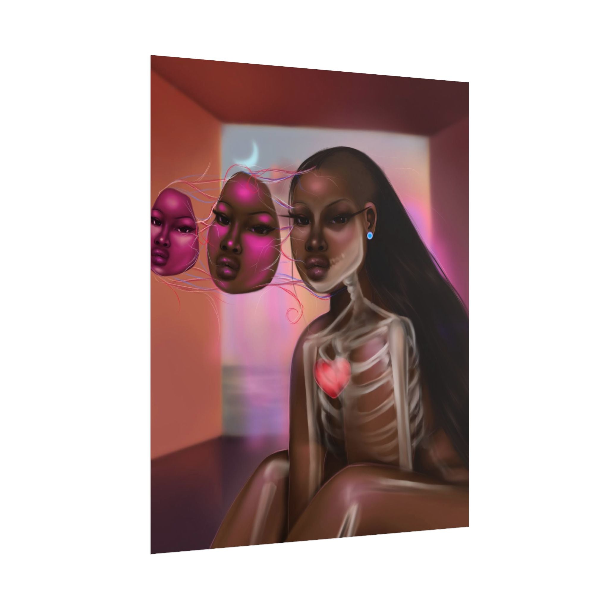 Surreal Afro-Futurist Anatomy Poster — Black Woman with Floating Masks Art Print
