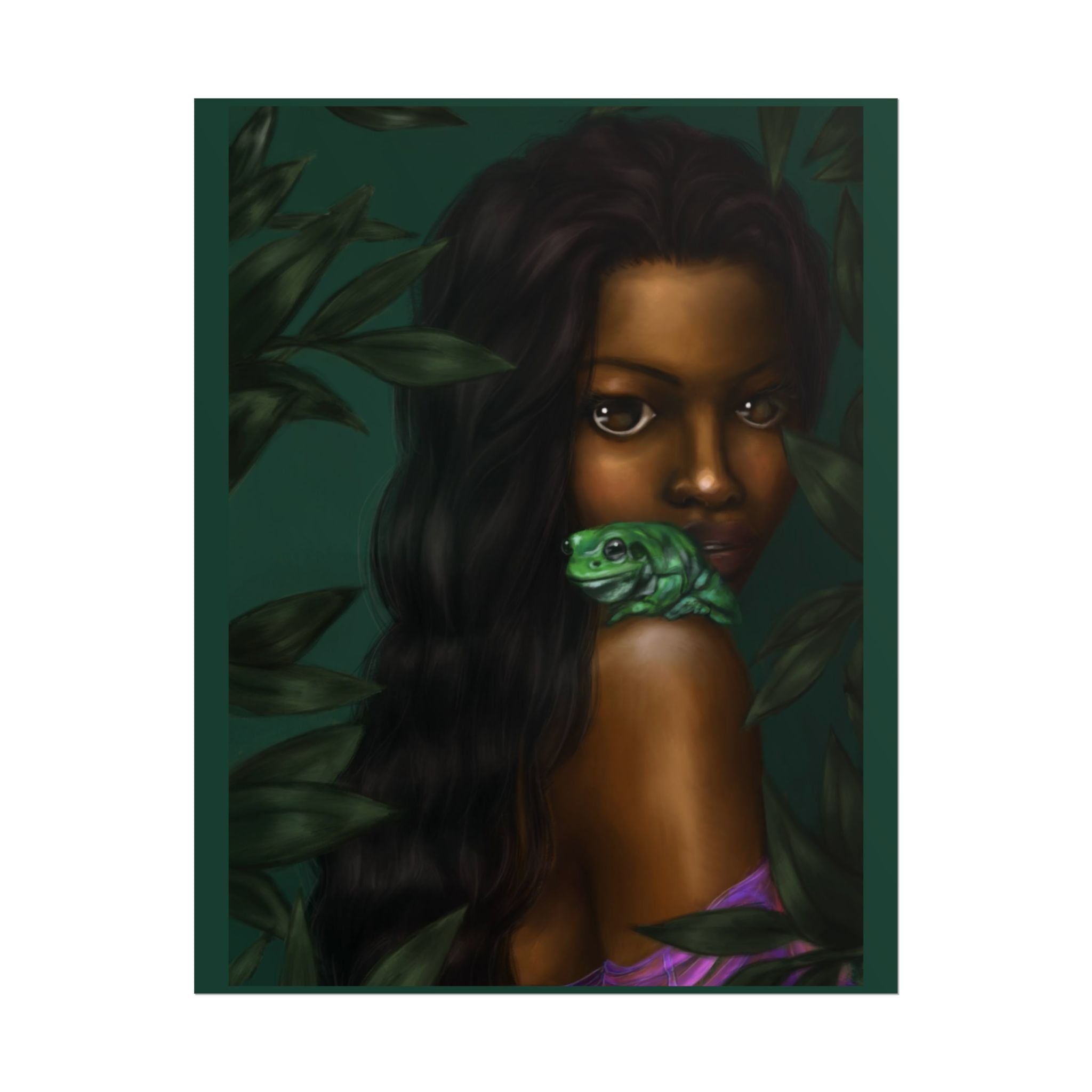 Jungle Muse Portrait Poster — Dark-Skinned Woman with Green Frog Rolled Art Print