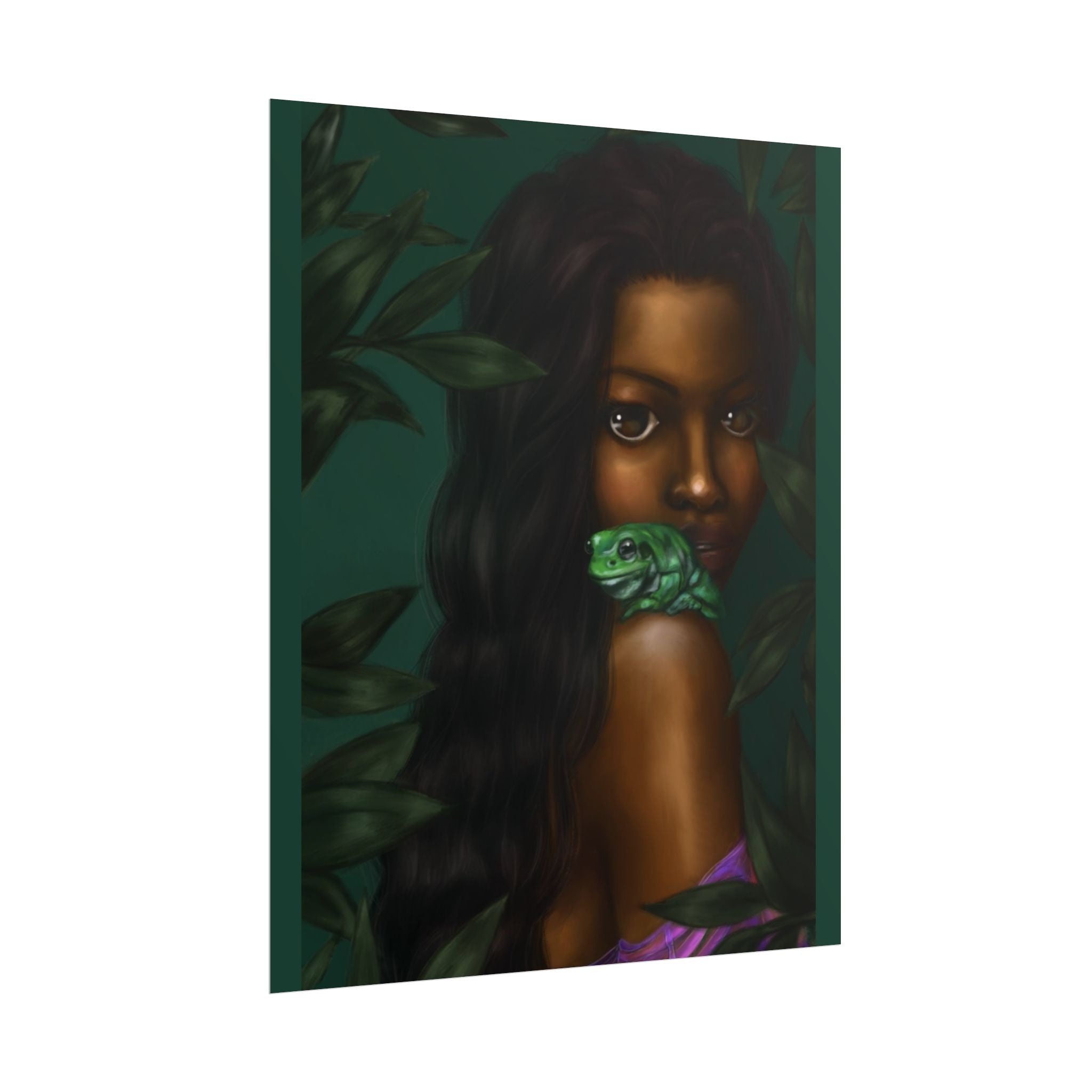 Jungle Muse Portrait Poster — Dark-Skinned Woman with Green Frog Rolled Art Print