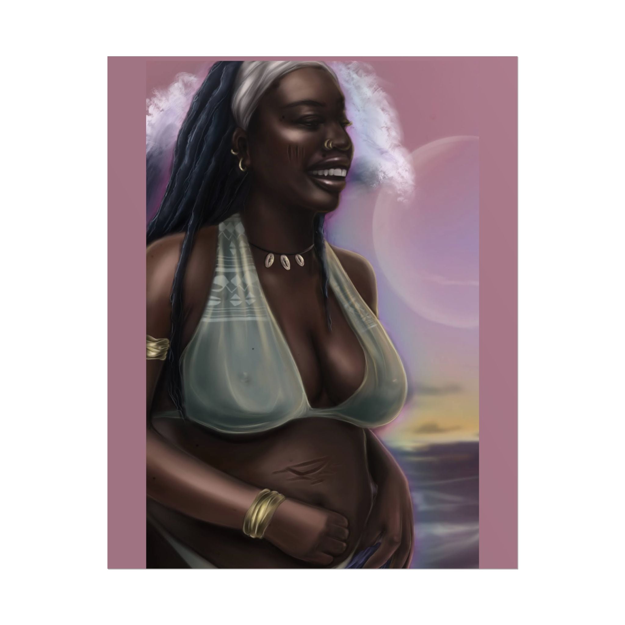 Pregnant Mother Portrait Rolled Poster — Afrocentric Beach Maternity Art Print