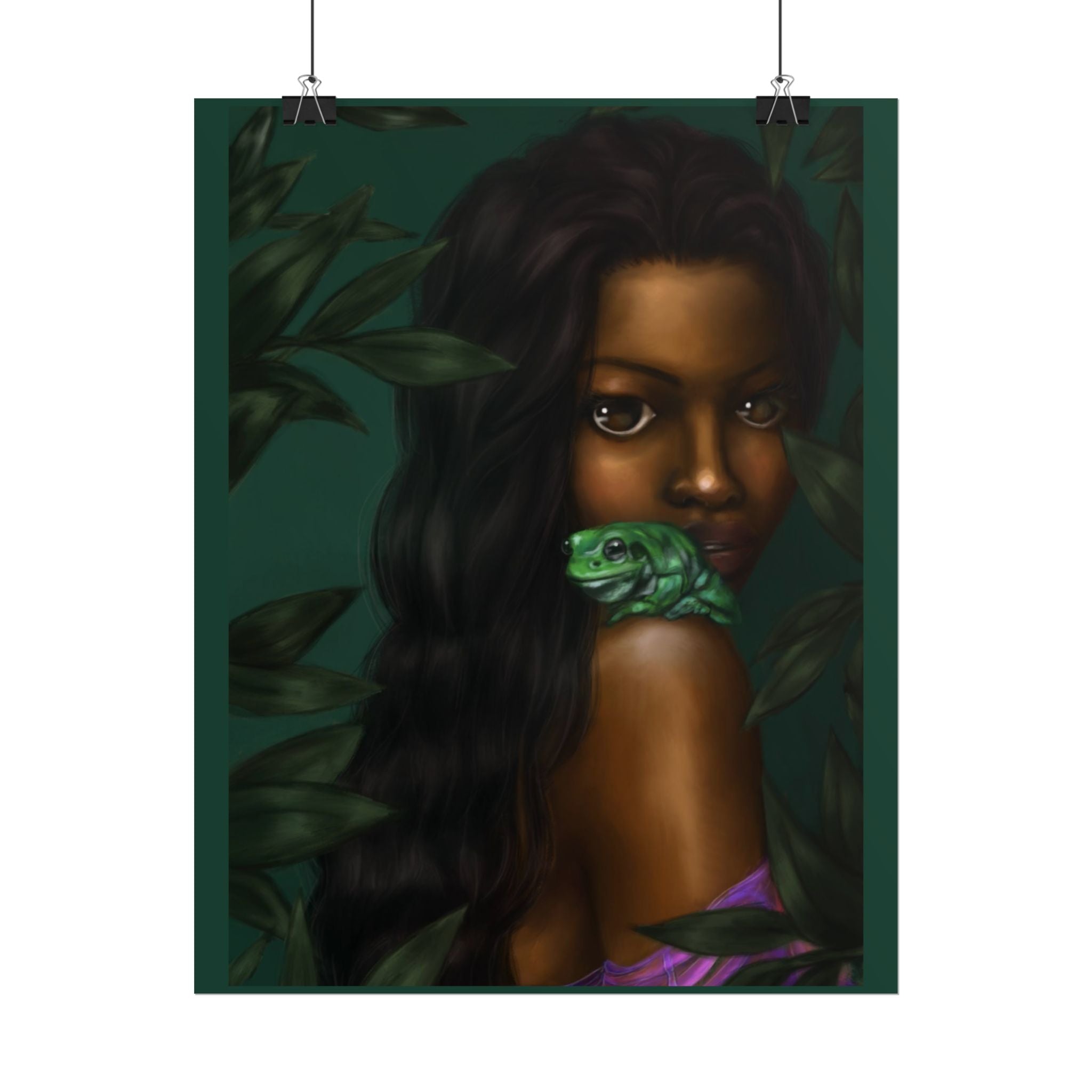 Jungle Muse Portrait Poster — Dark-Skinned Woman with Green Frog Rolled Art Print