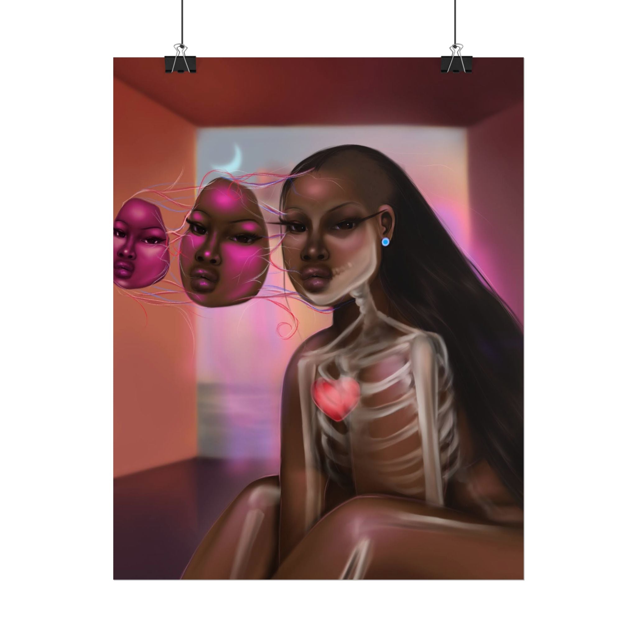 Surreal Afro-Futurist Anatomy Poster — Black Woman with Floating Masks Art Print