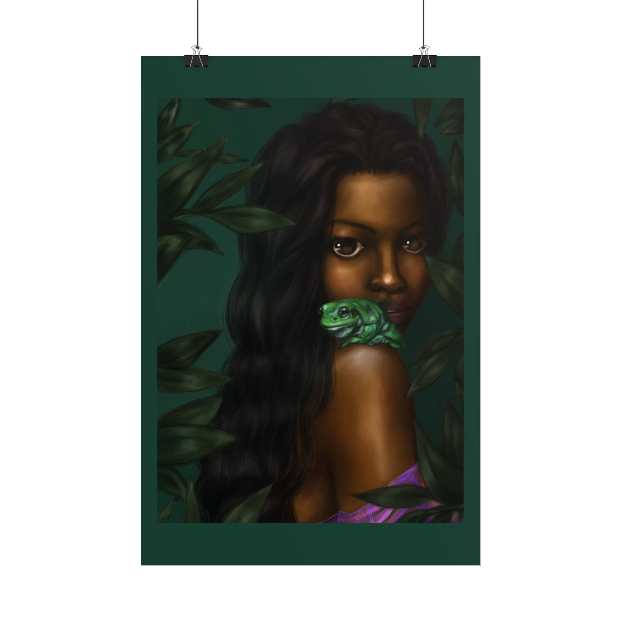Jungle Muse Portrait Poster — Dark-Skinned Woman with Green Frog Rolled Art Print
