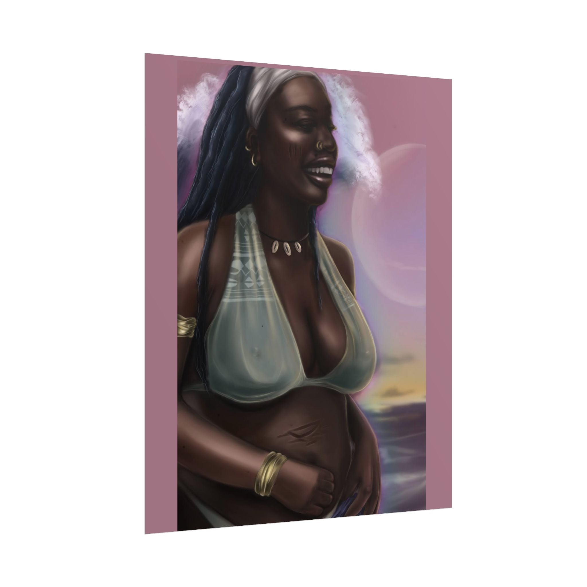 Pregnant Mother Portrait Rolled Poster — Afrocentric Beach Maternity Art Print
