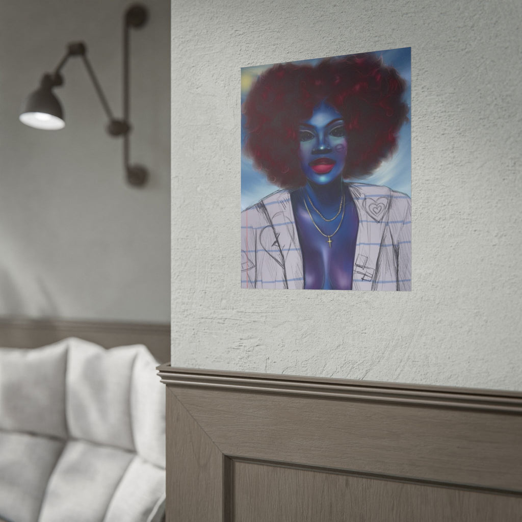 Blue Afro Portrait Poster — Bold Afrocentric Wall Art Print
