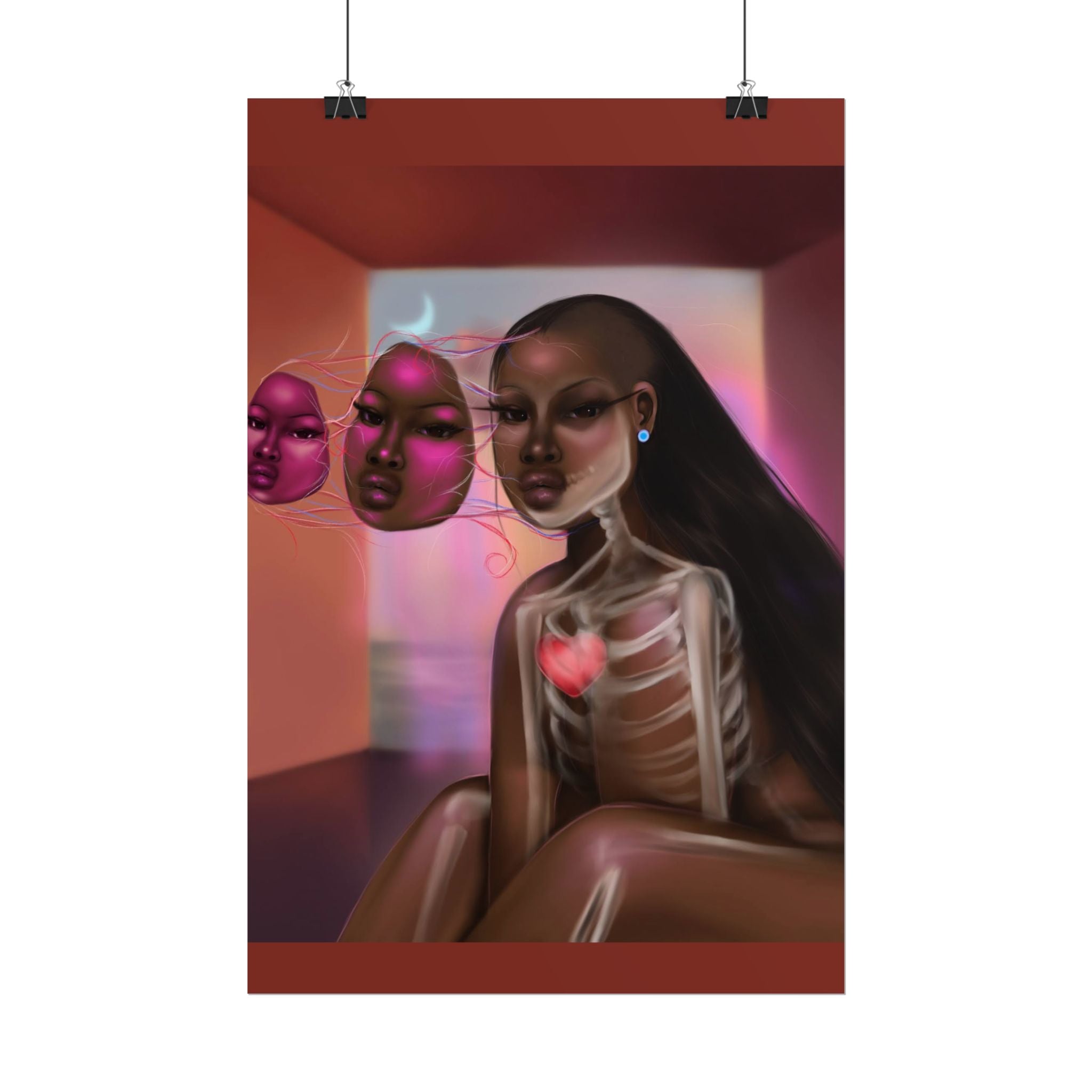 Surreal Afro-Futurist Anatomy Poster — Black Woman with Floating Masks Art Print