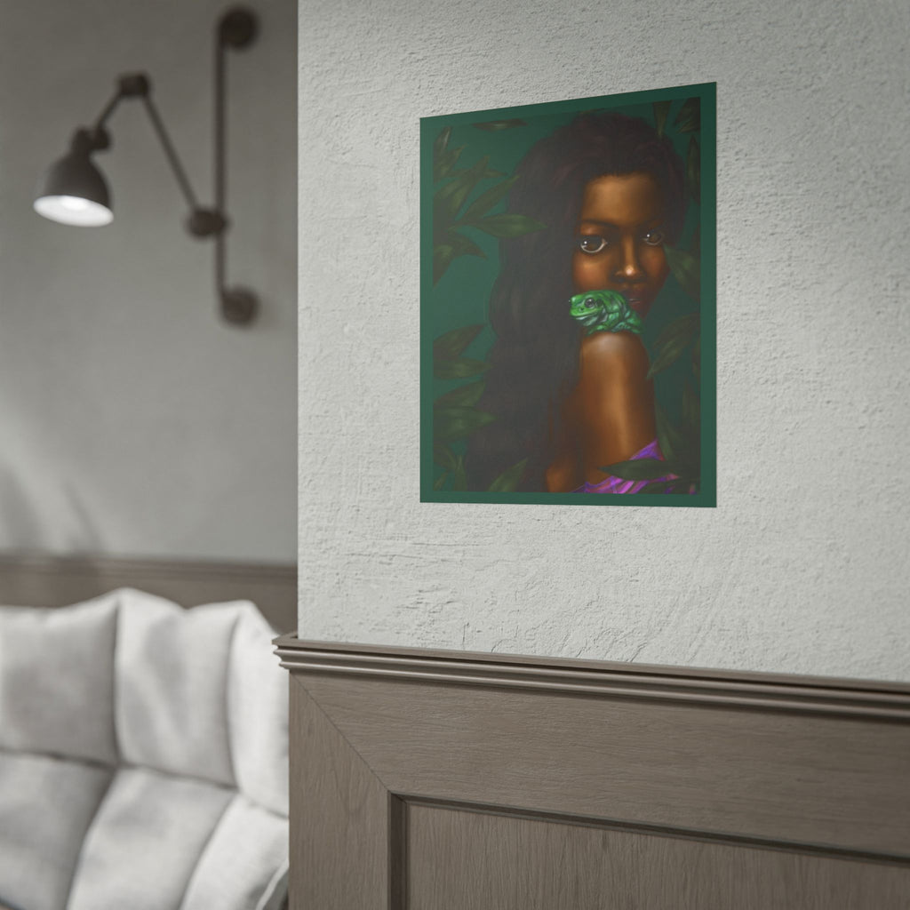 Jungle Muse Portrait Poster — Dark-Skinned Woman with Green Frog Rolled Art Print