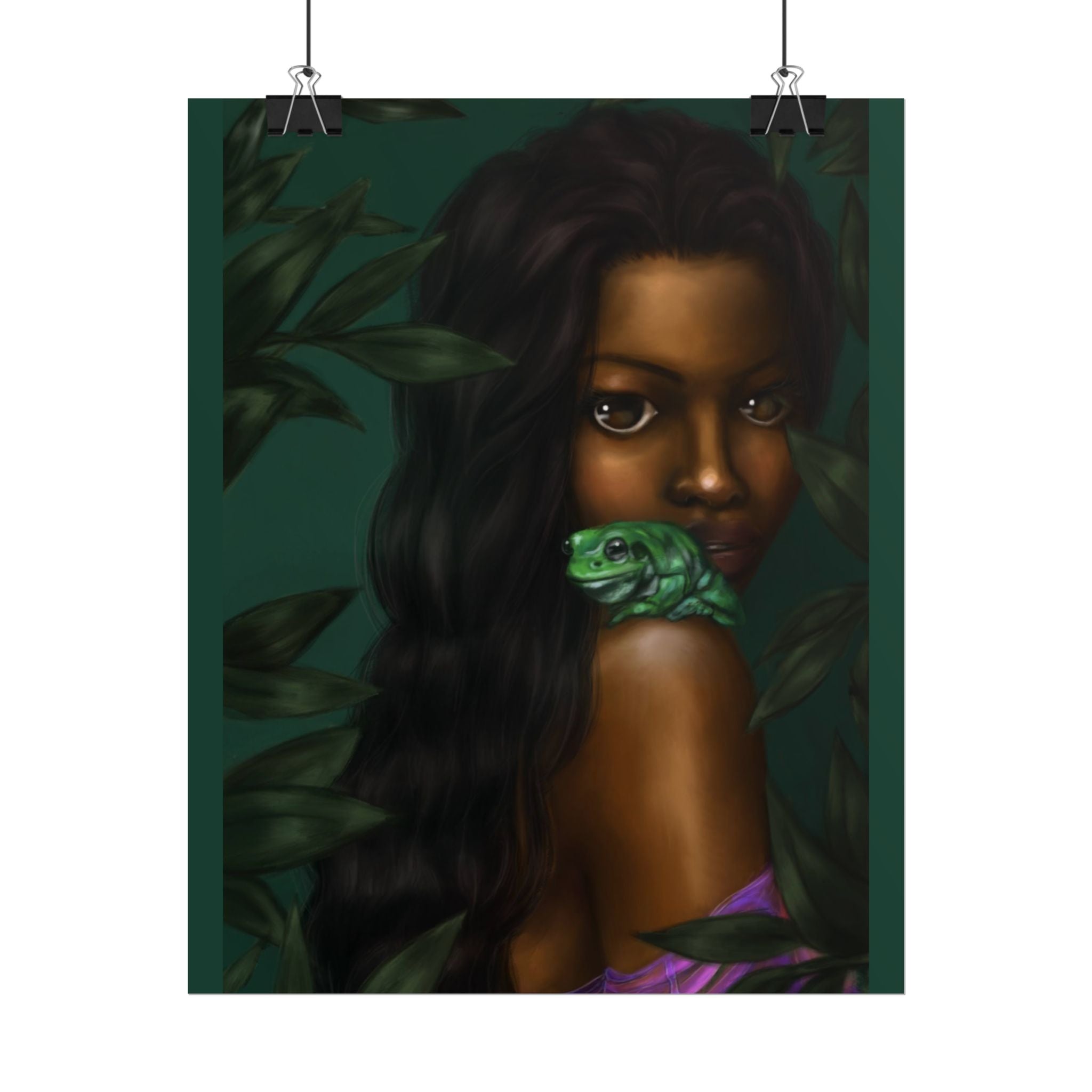 Jungle Muse Portrait Poster — Dark-Skinned Woman with Green Frog Rolled Art Print