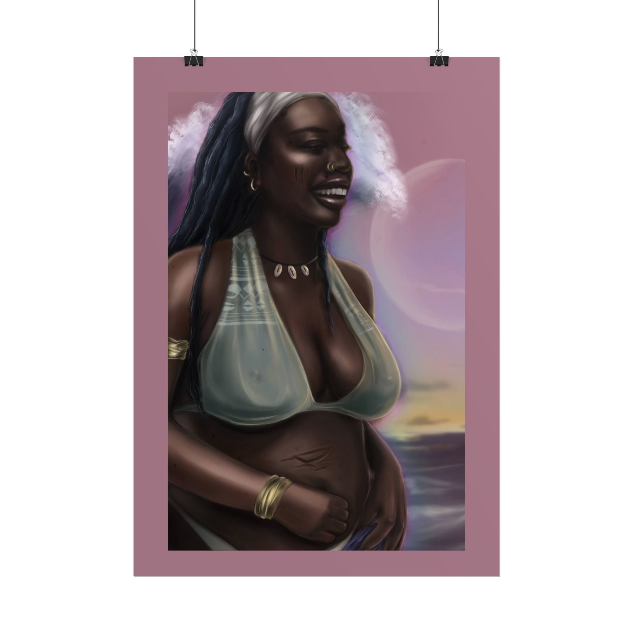 Pregnant Mother Portrait Rolled Poster — Afrocentric Beach Maternity Art Print