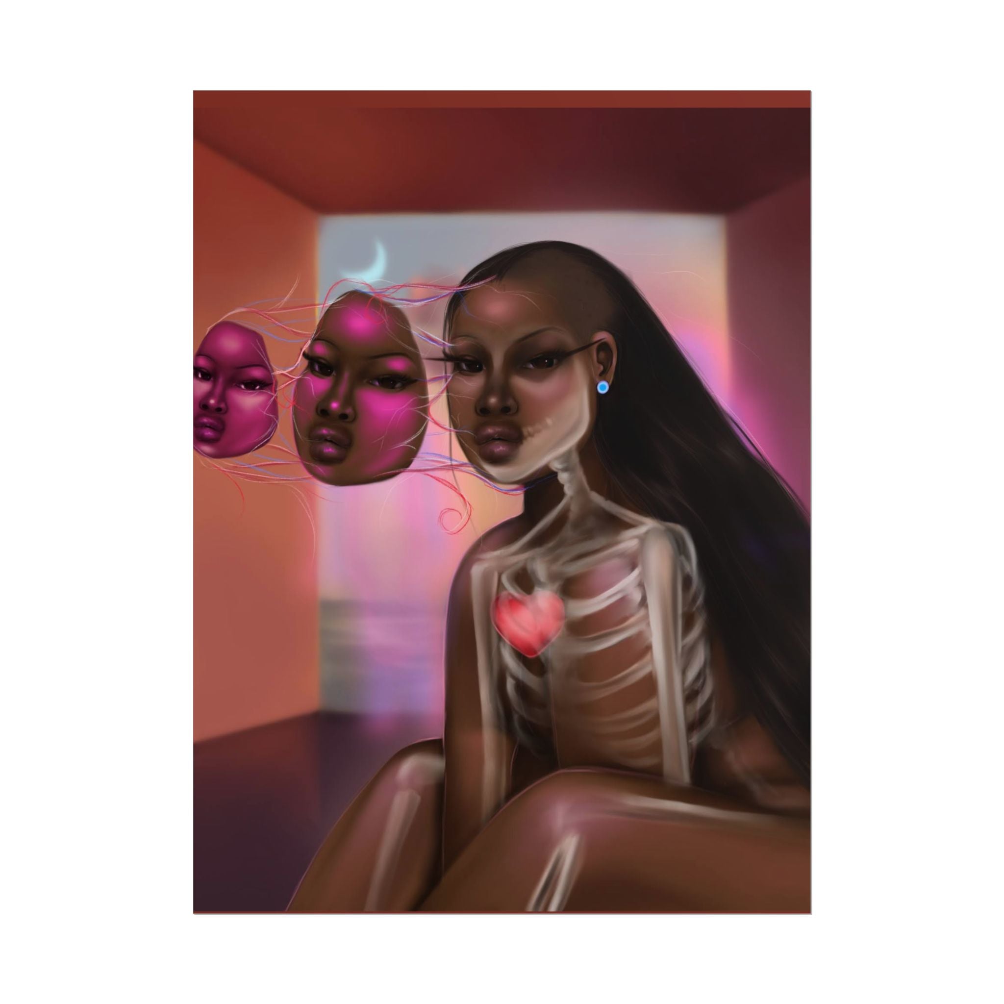 Surreal Afro-Futurist Anatomy Poster — Black Woman with Floating Masks Art Print