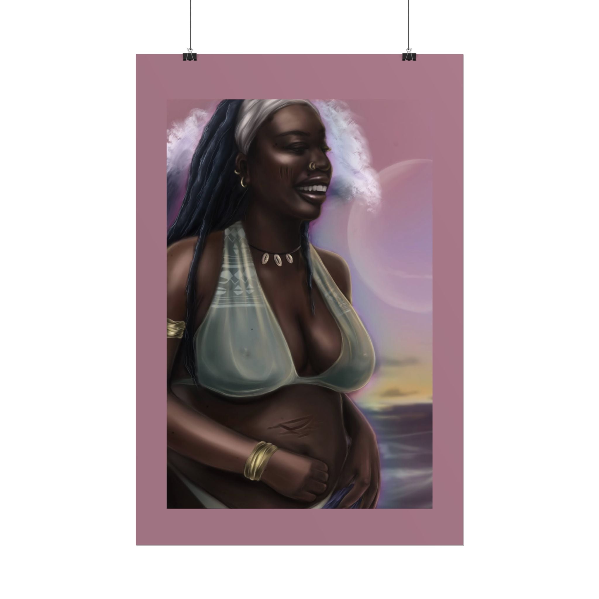 Pregnant Mother Portrait Rolled Poster — Afrocentric Beach Maternity Art Print