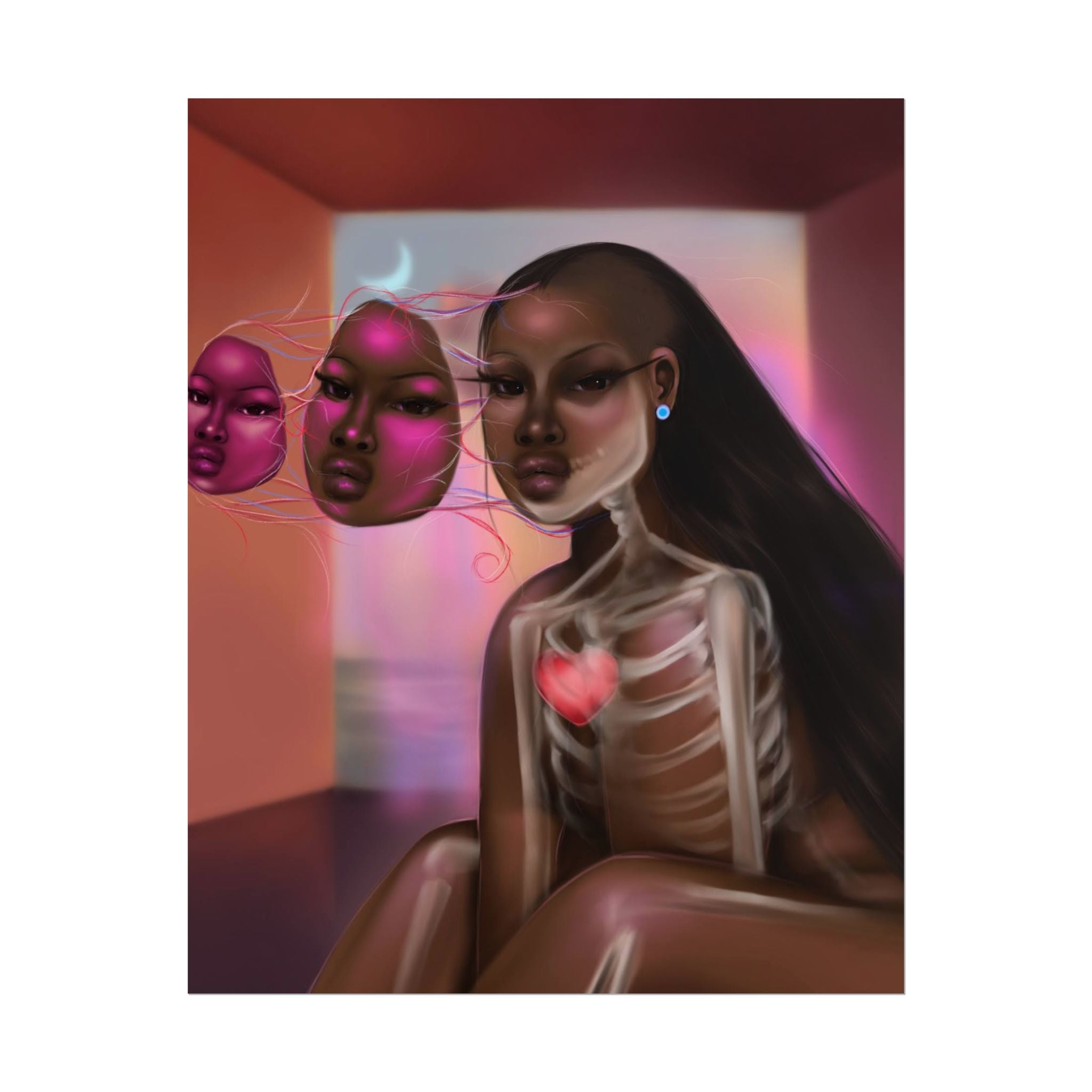 Surreal Afro-Futurist Anatomy Poster — Black Woman with Floating Masks Art Print
