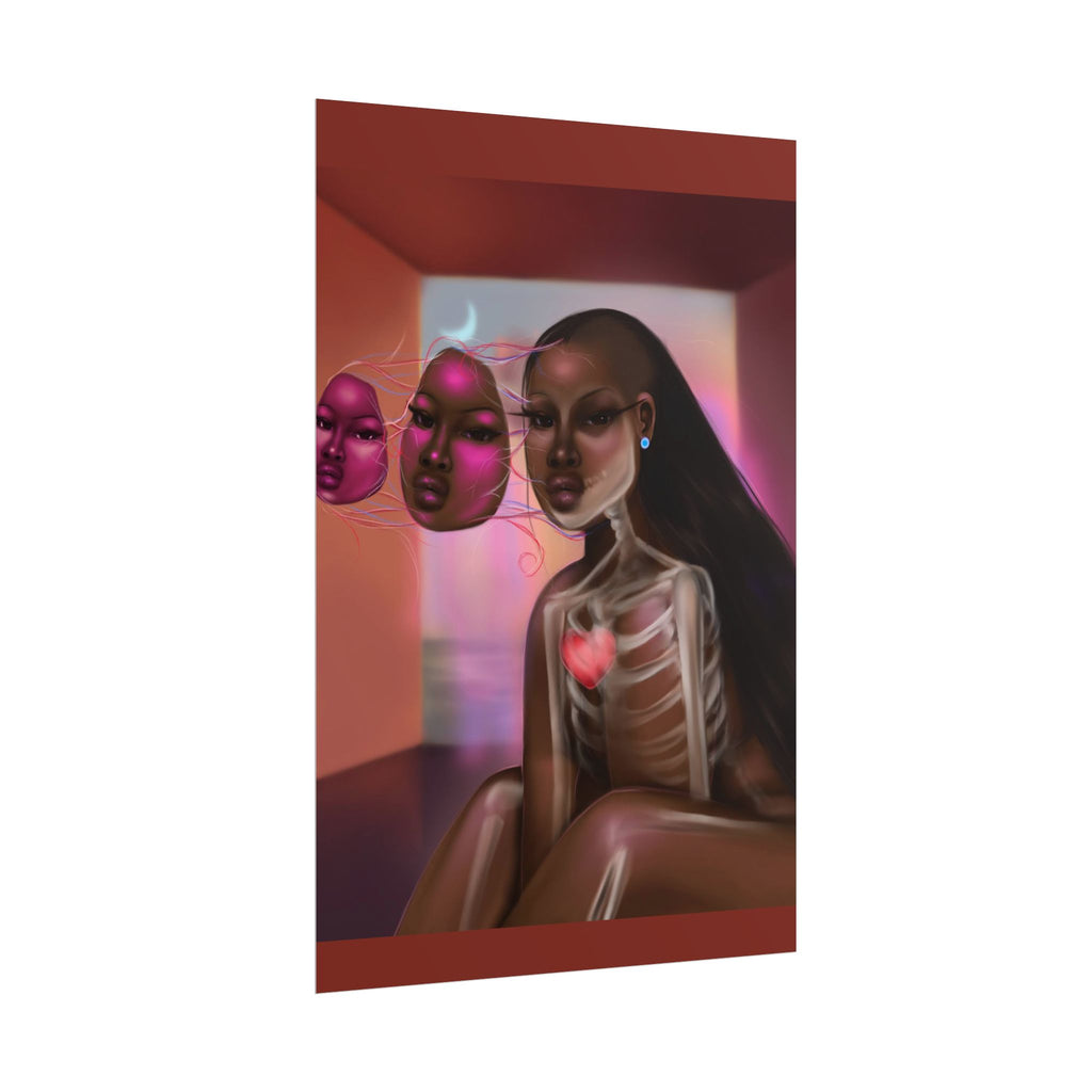 Surreal Afro-Futurist Anatomy Poster — Black Woman with Floating Masks Art Print
