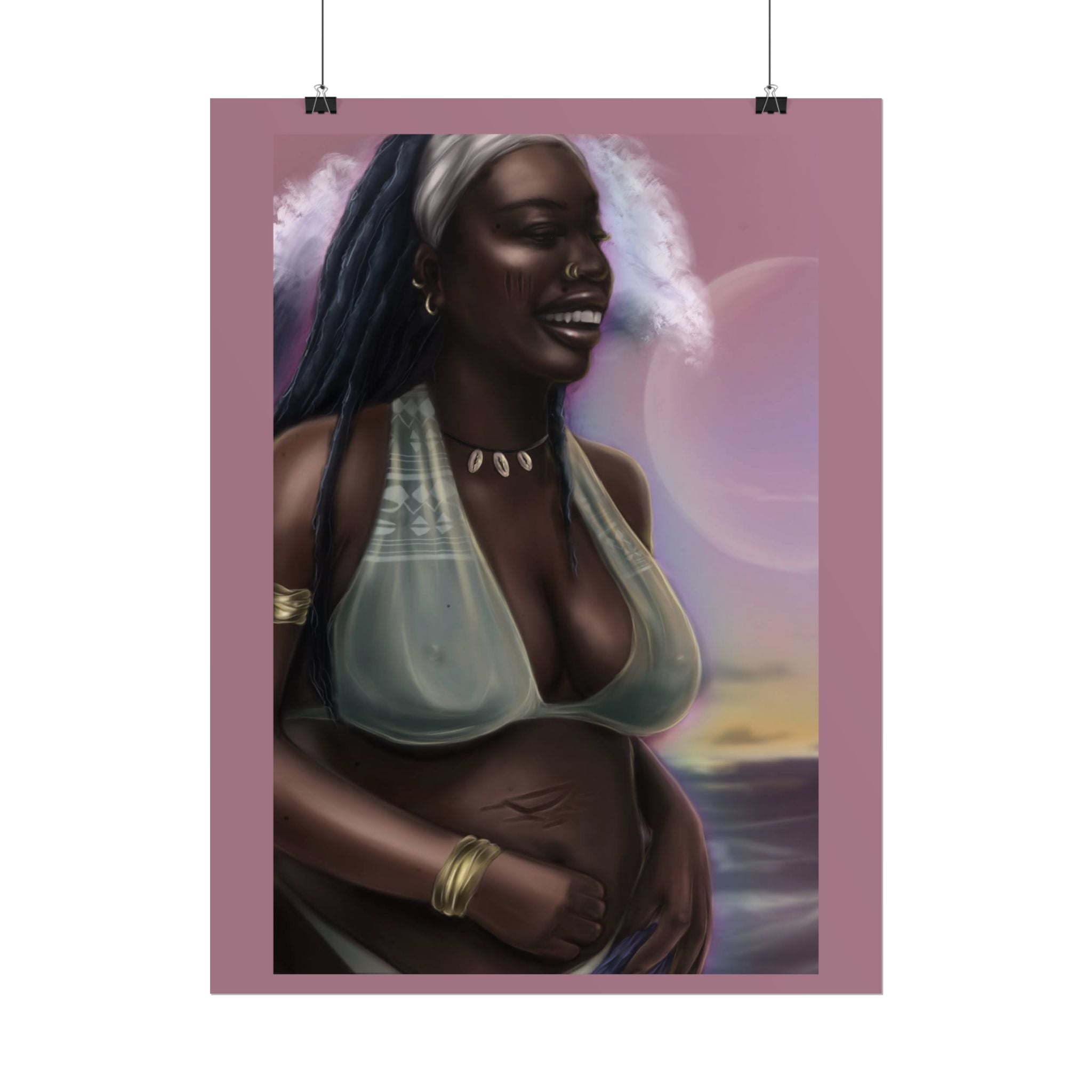 Pregnant Mother Portrait Rolled Poster — Afrocentric Beach Maternity Art Print