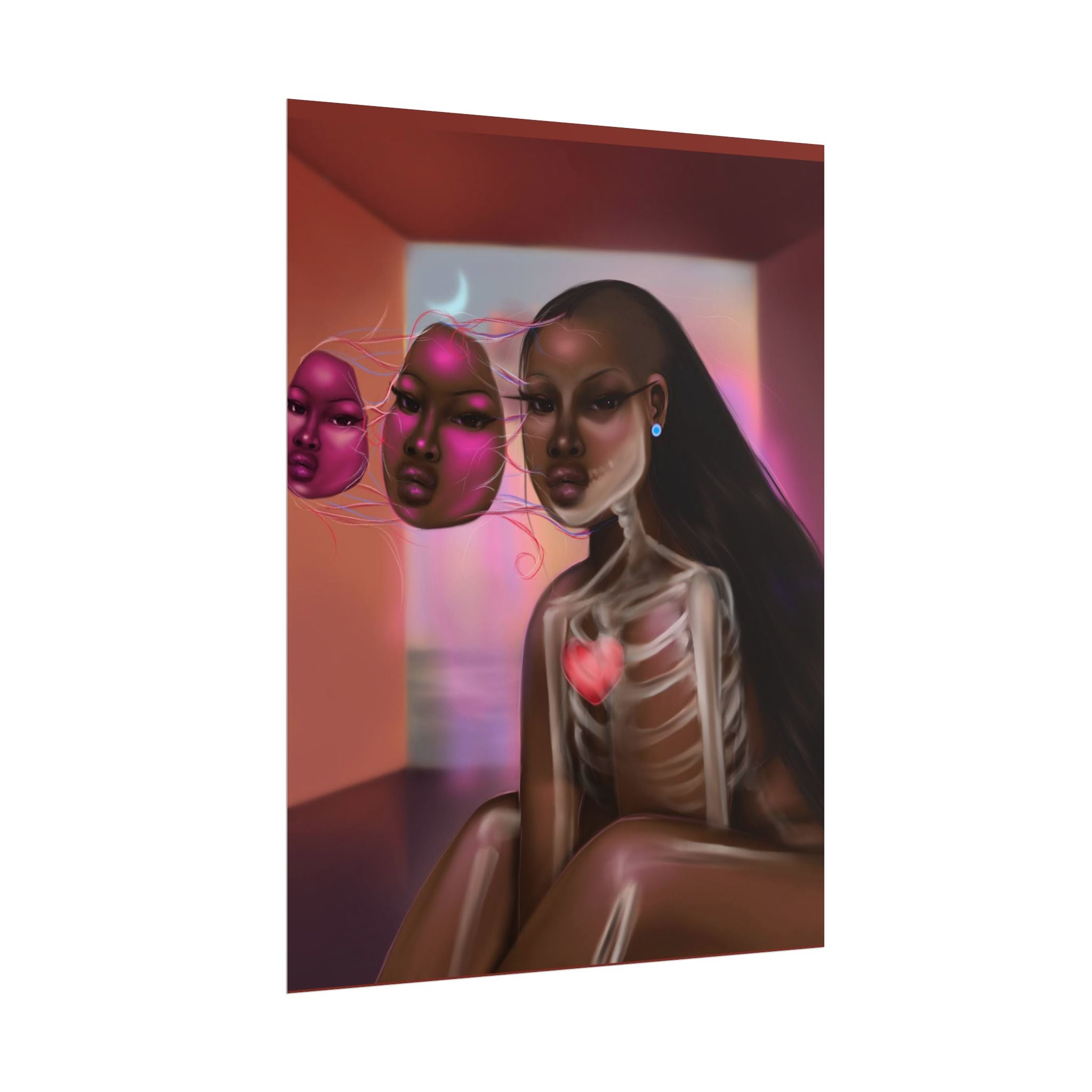 Surreal Afro-Futurist Anatomy Poster — Black Woman with Floating Masks Art Print
