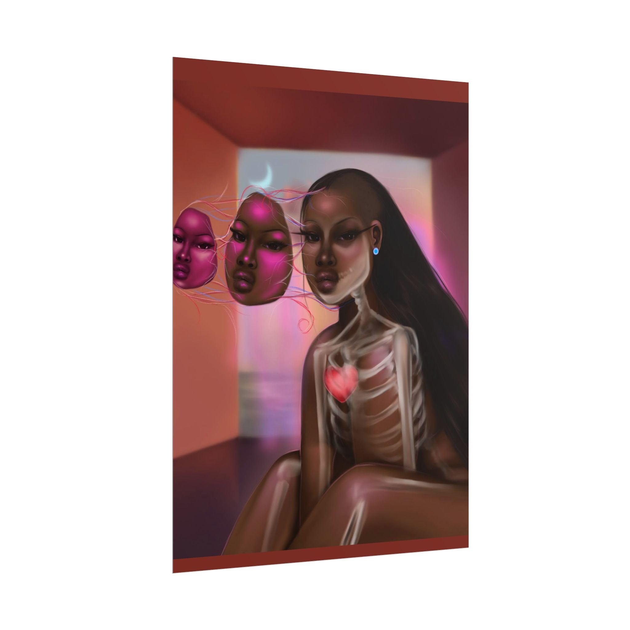 Surreal Afro-Futurist Anatomy Poster — Black Woman with Floating Masks Art Print