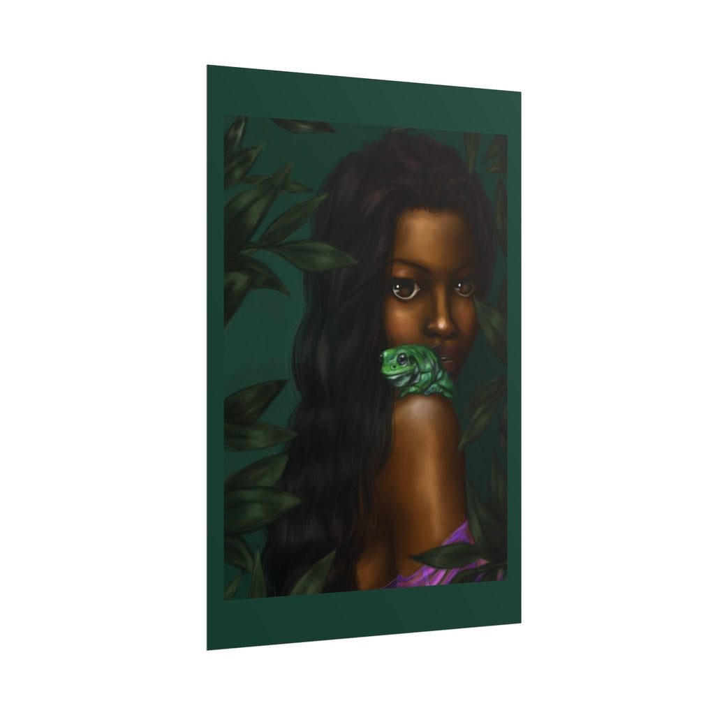 Jungle Muse Portrait Poster — Dark-Skinned Woman with Green Frog Rolled Art Print