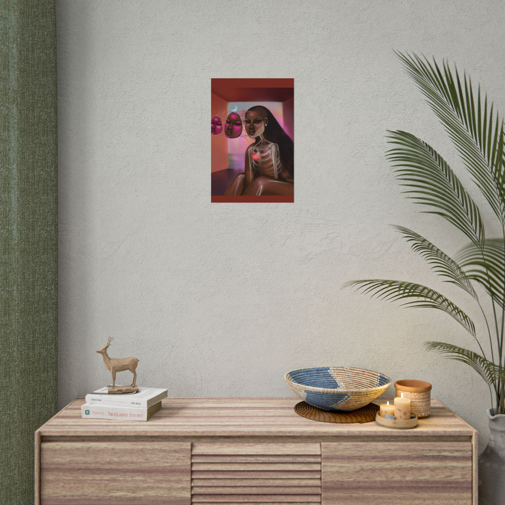 Surreal Afro-Futurist Anatomy Poster — Black Woman with Floating Masks Art Print