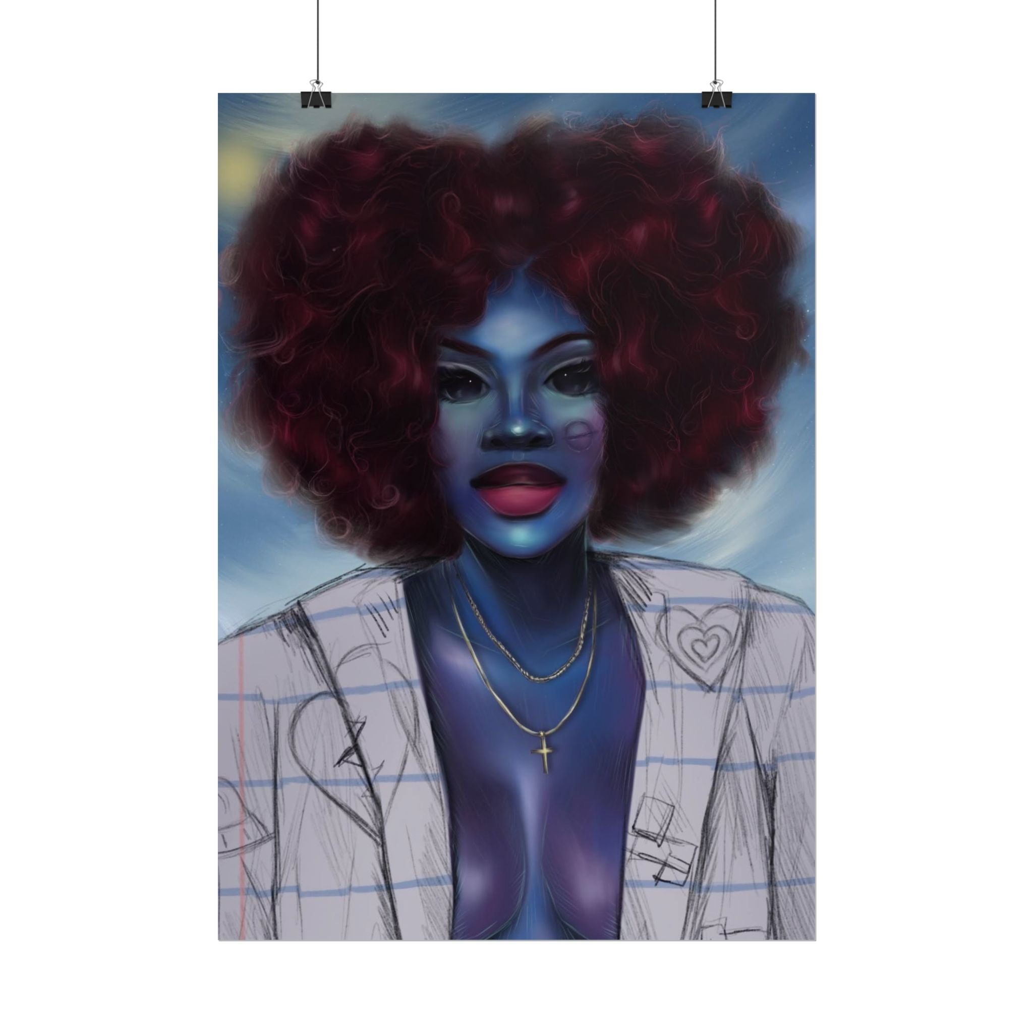 Blue Afro Portrait Poster — Bold Afrocentric Wall Art Print
