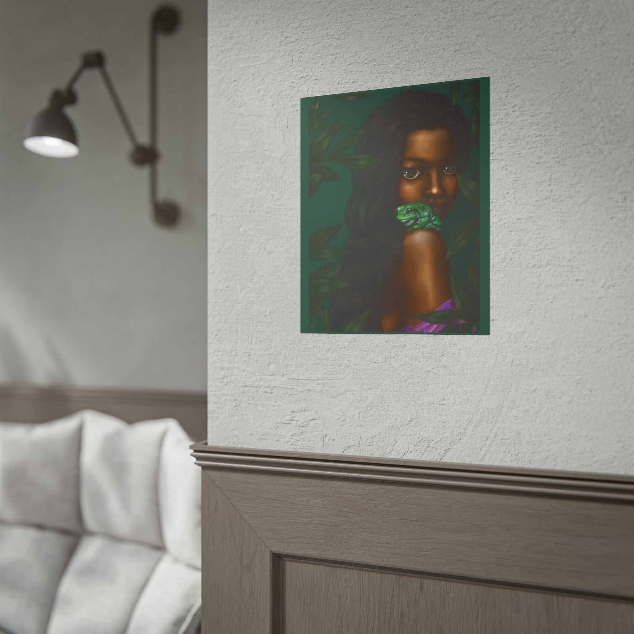 Jungle Muse Portrait Poster — Dark-Skinned Woman with Green Frog Rolled Art Print