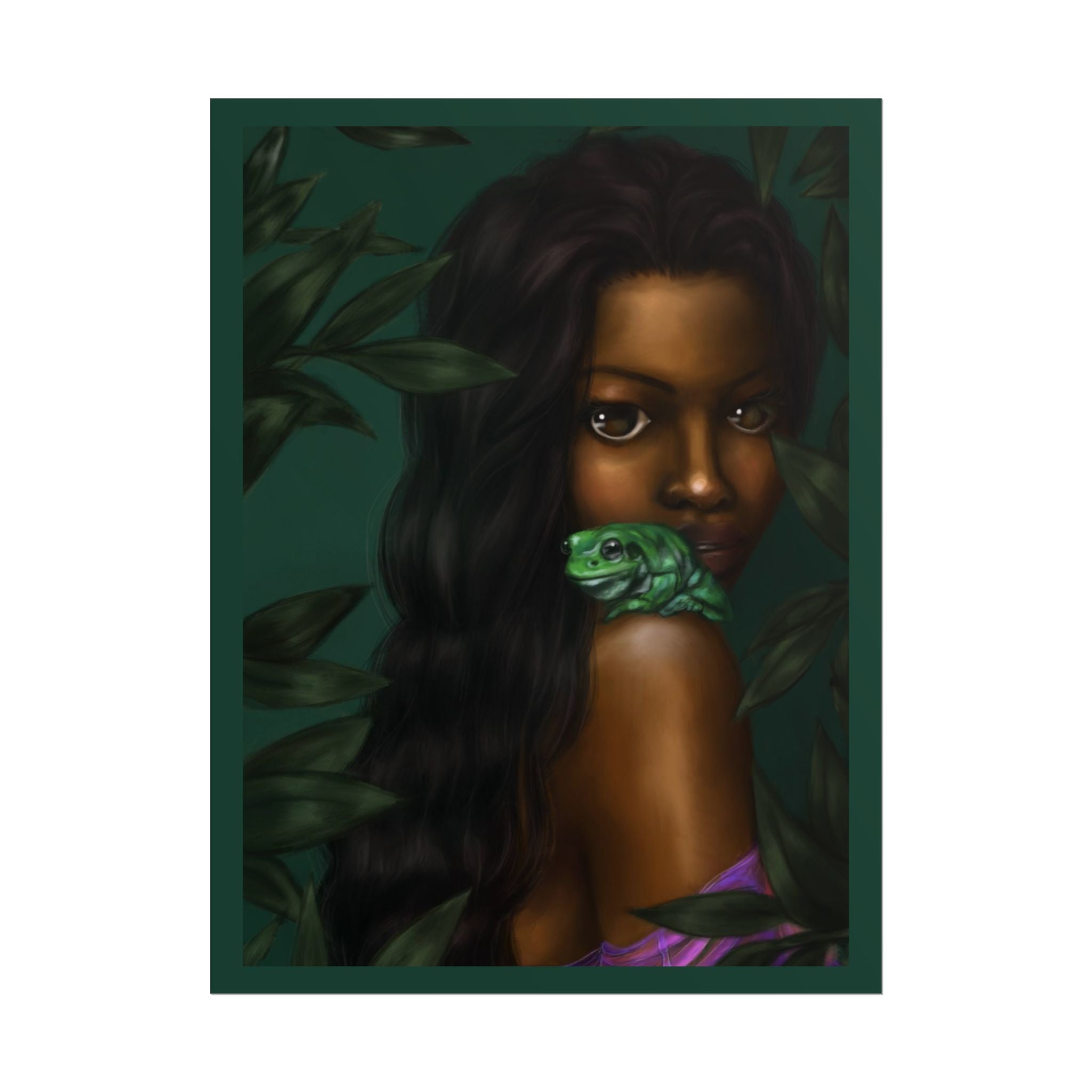 Jungle Muse Portrait Poster — Dark-Skinned Woman with Green Frog Rolled Art Print