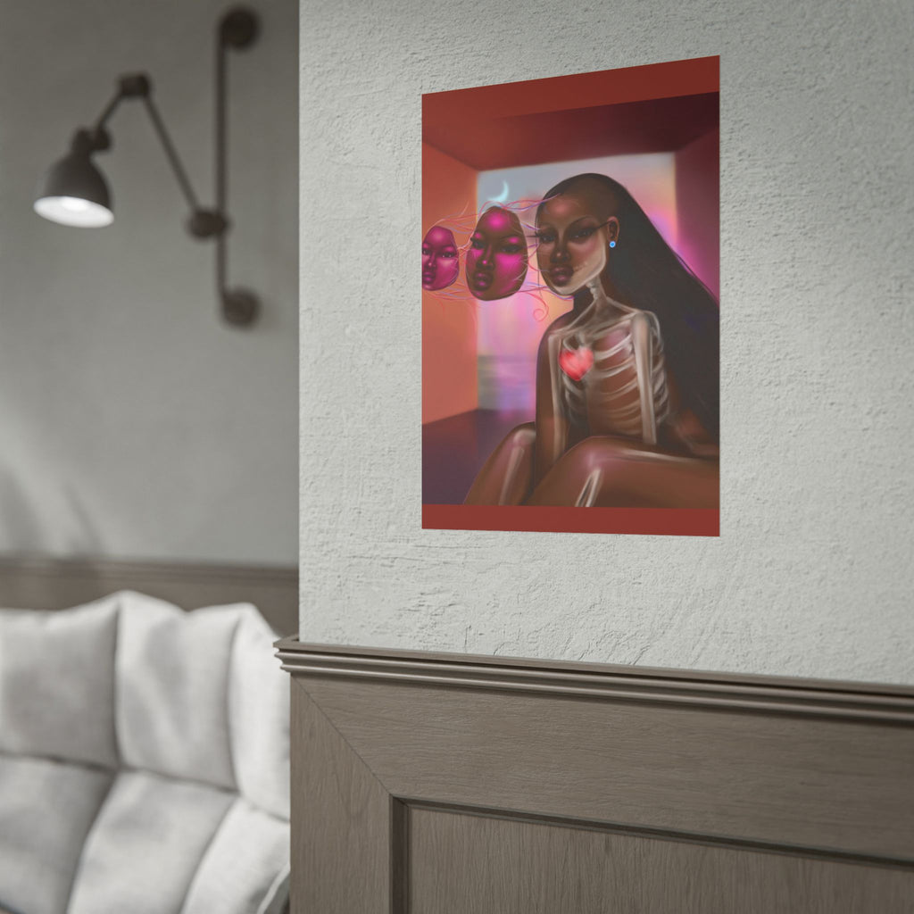 Surreal Afro-Futurist Anatomy Poster — Black Woman with Floating Masks Art Print