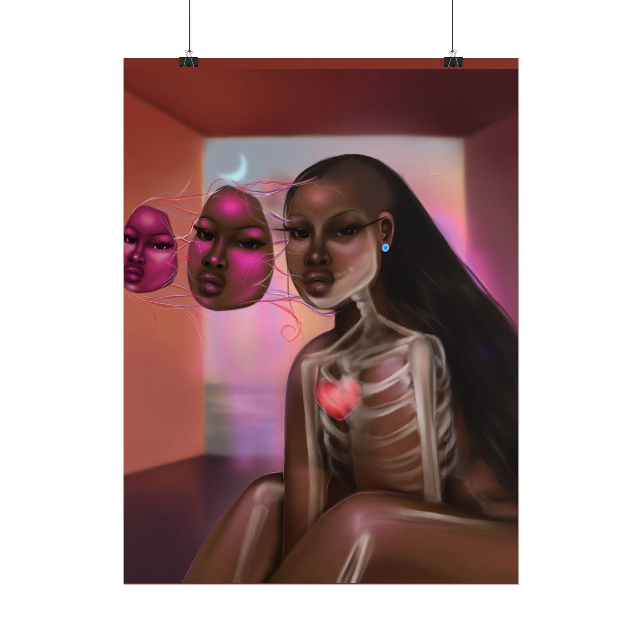 Surreal Afro-Futurist Anatomy Poster — Black Woman with Floating Masks Art Print