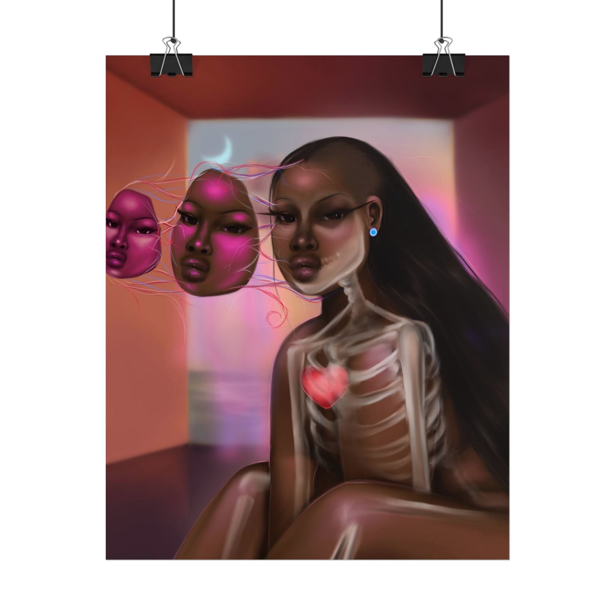 Surreal Afro-Futurist Anatomy Poster — Black Woman with Floating Masks Art Print