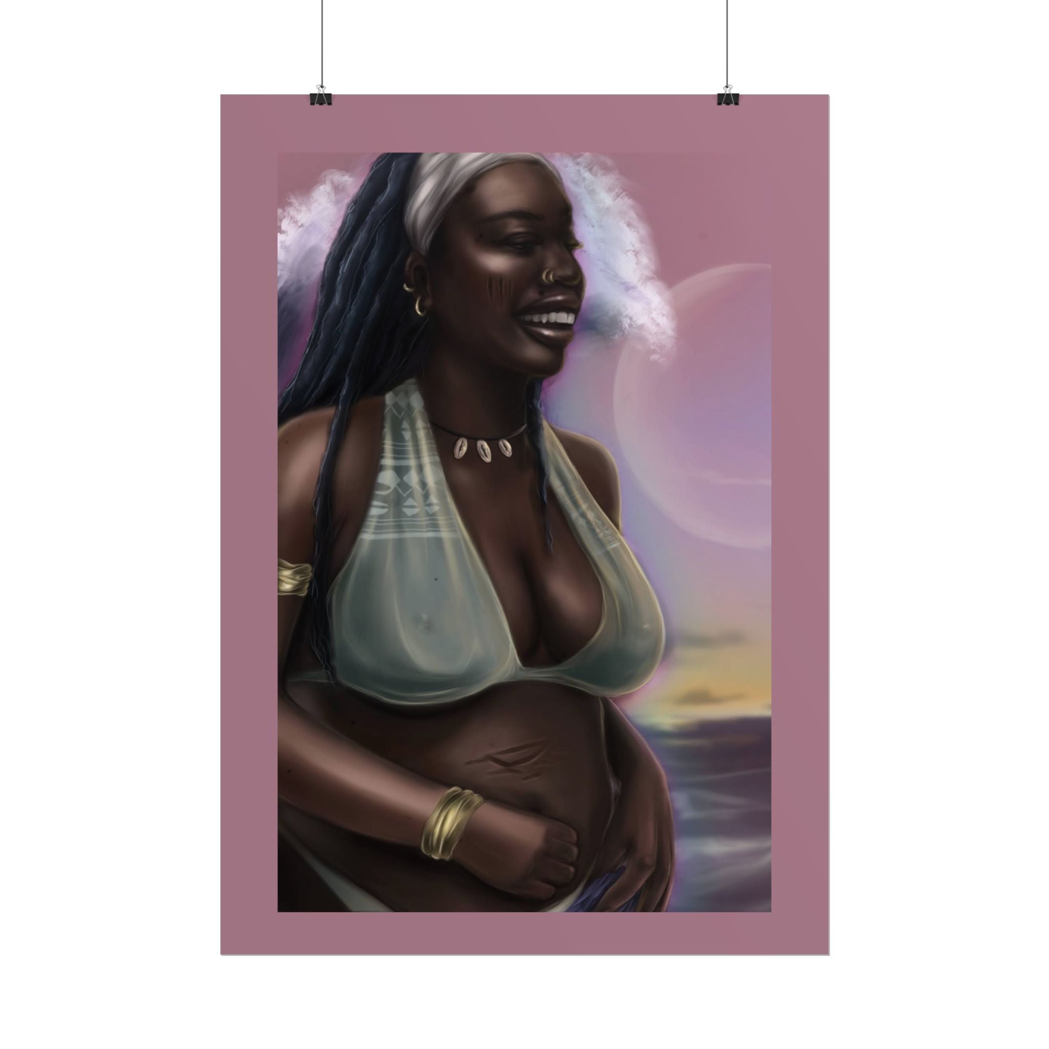 Pregnant Mother Portrait Rolled Poster — Afrocentric Beach Maternity Art Print