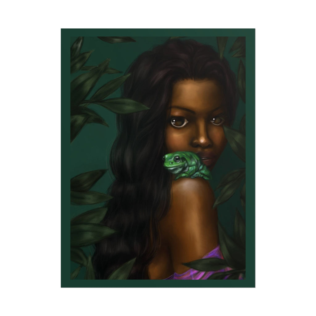 Jungle Muse Portrait Poster — Dark-Skinned Woman with Green Frog Rolled Art Print