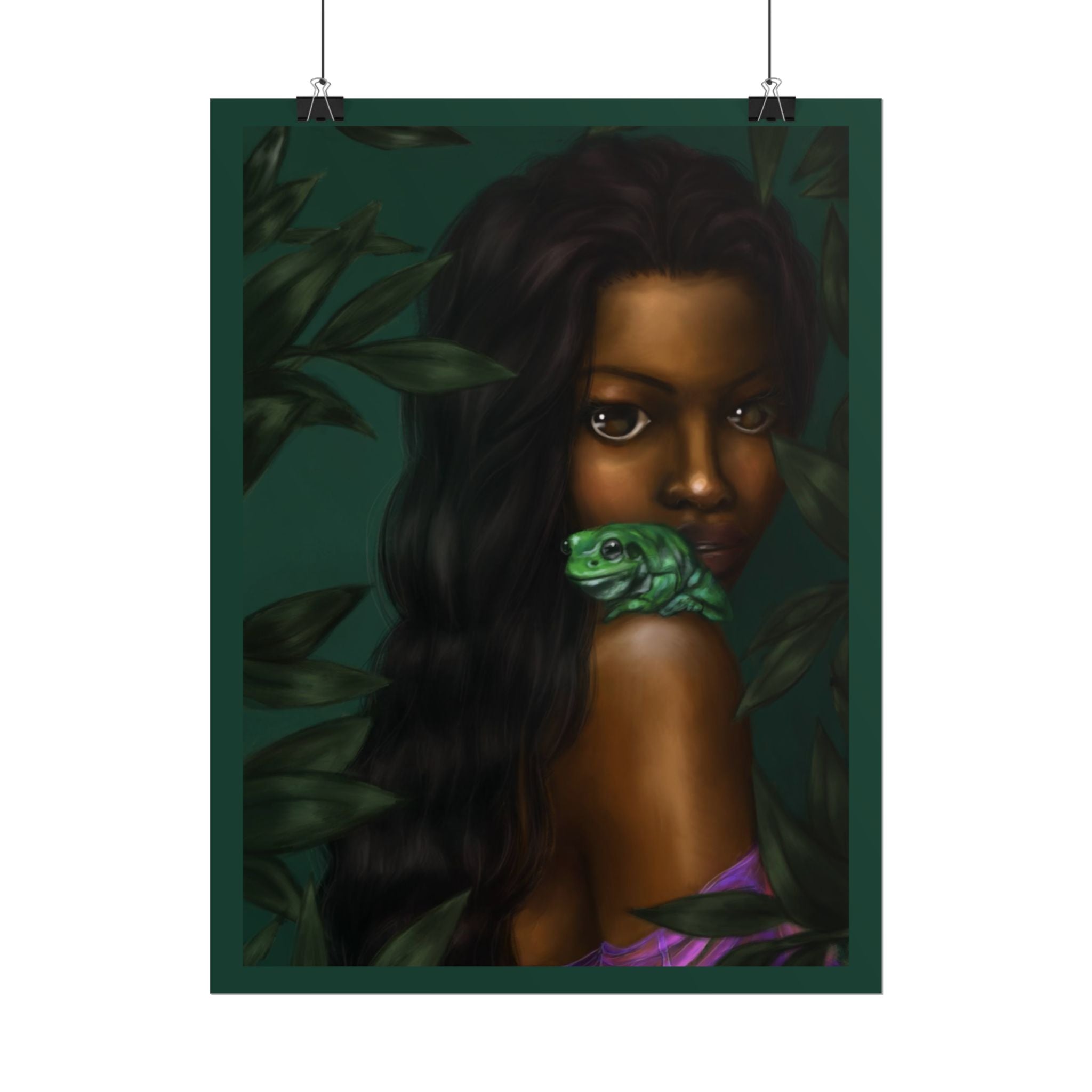 Jungle Muse Portrait Poster — Dark-Skinned Woman with Green Frog Rolled Art Print
