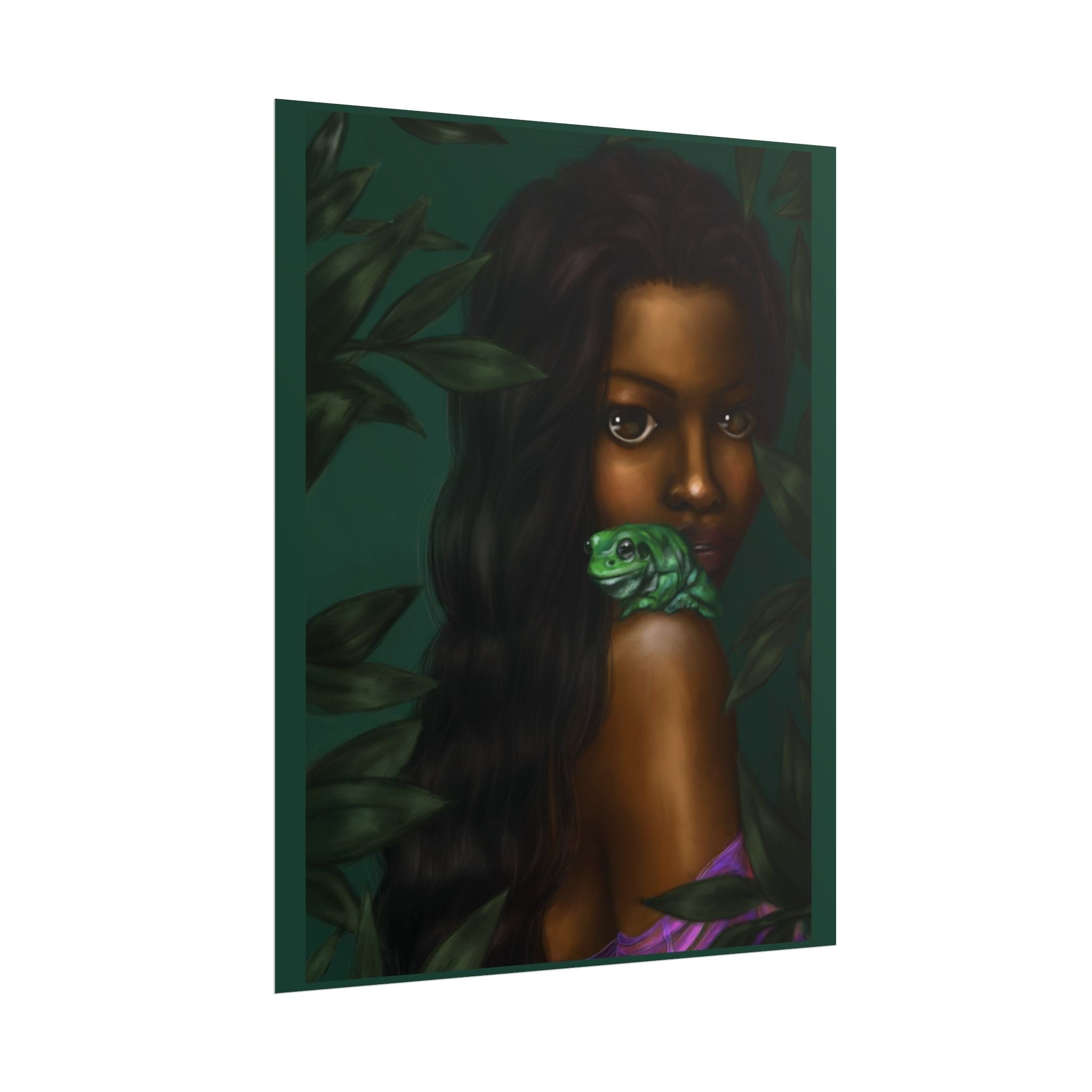 Jungle Muse Portrait Poster — Dark-Skinned Woman with Green Frog Rolled Art Print