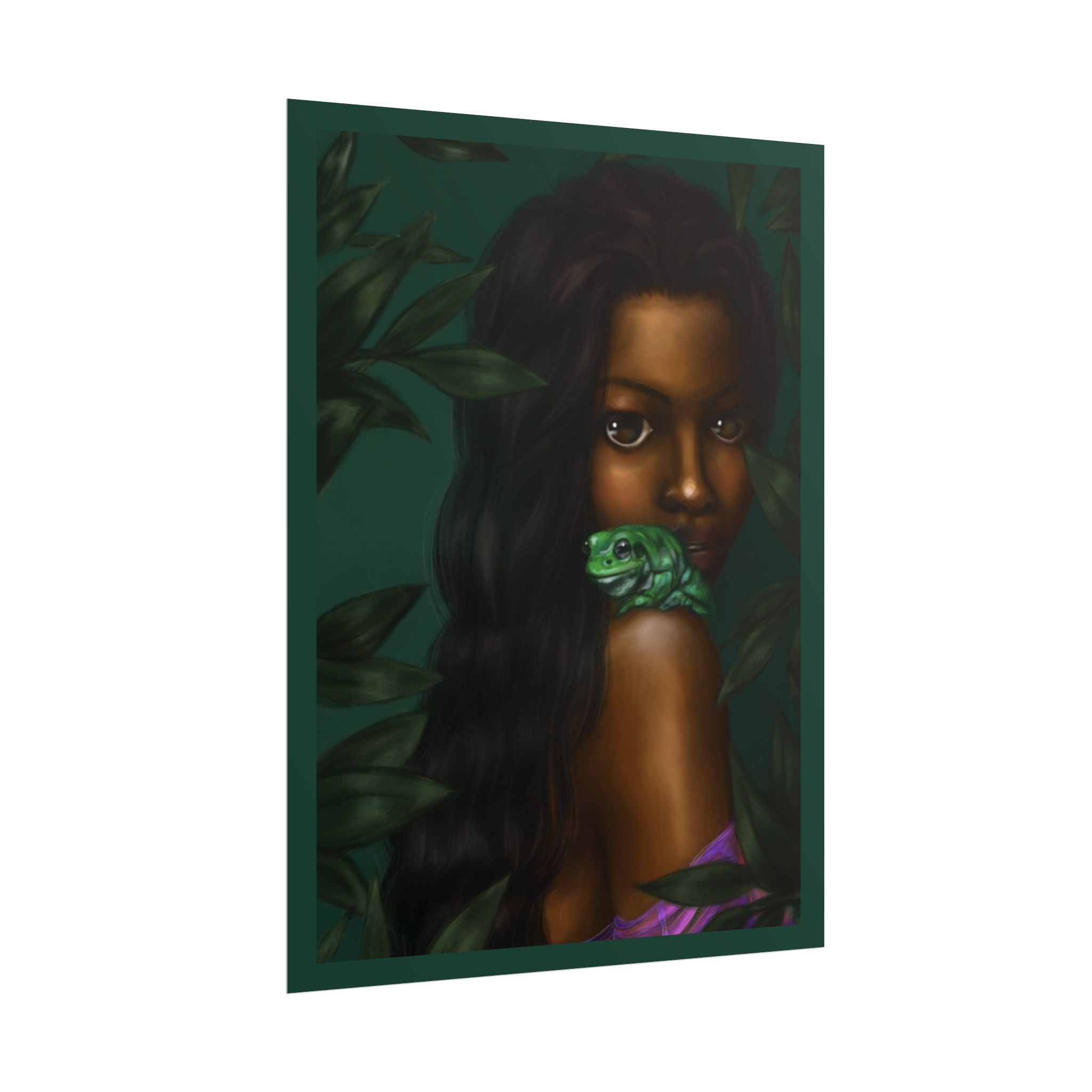 Jungle Muse Portrait Poster — Dark-Skinned Woman with Green Frog Rolled Art Print