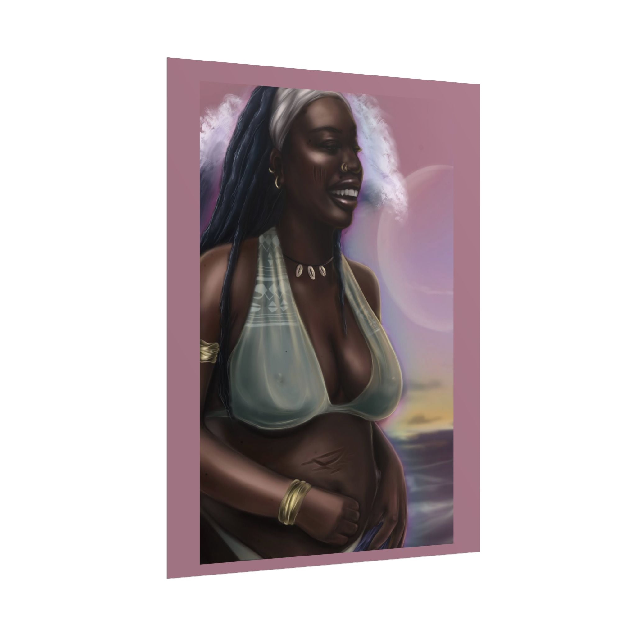 Pregnant Mother Portrait Rolled Poster — Afrocentric Beach Maternity Art Print