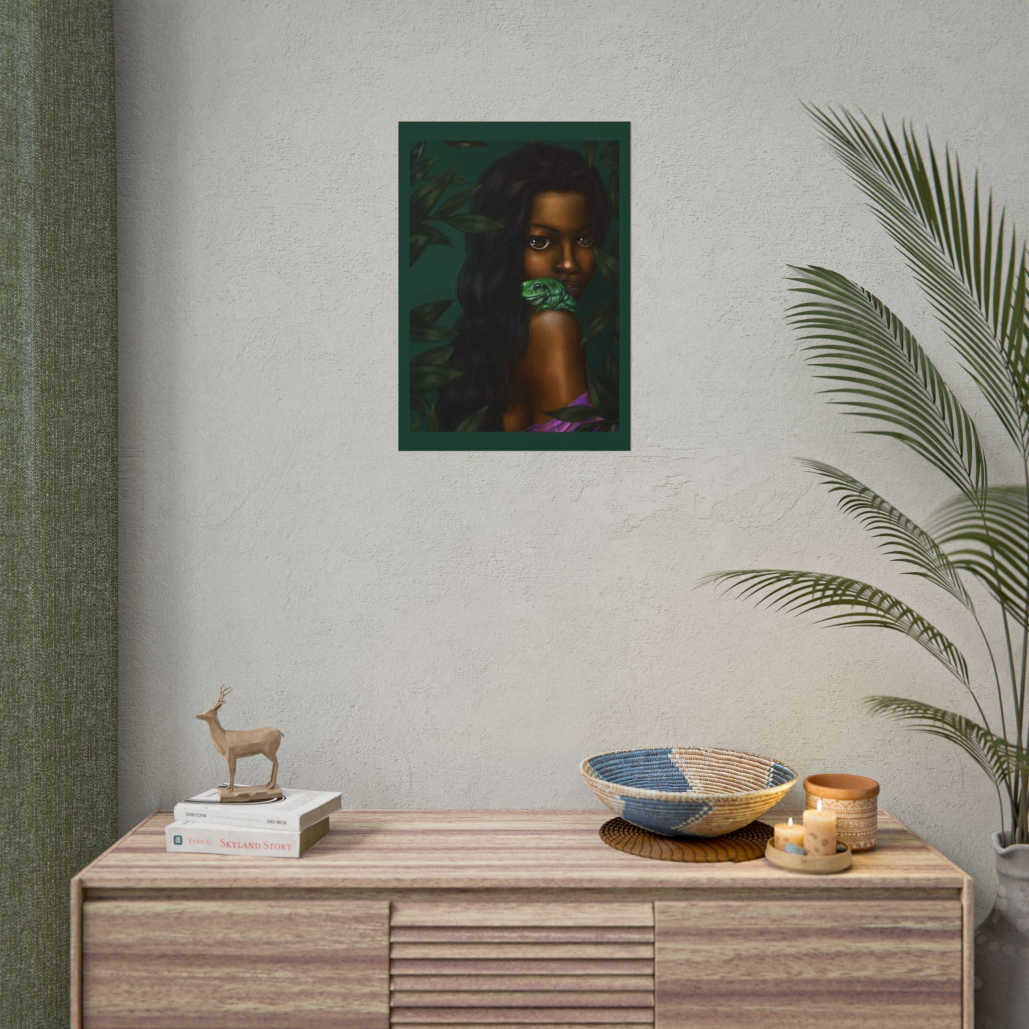 Jungle Muse Portrait Poster — Dark-Skinned Woman with Green Frog Rolled Art Print