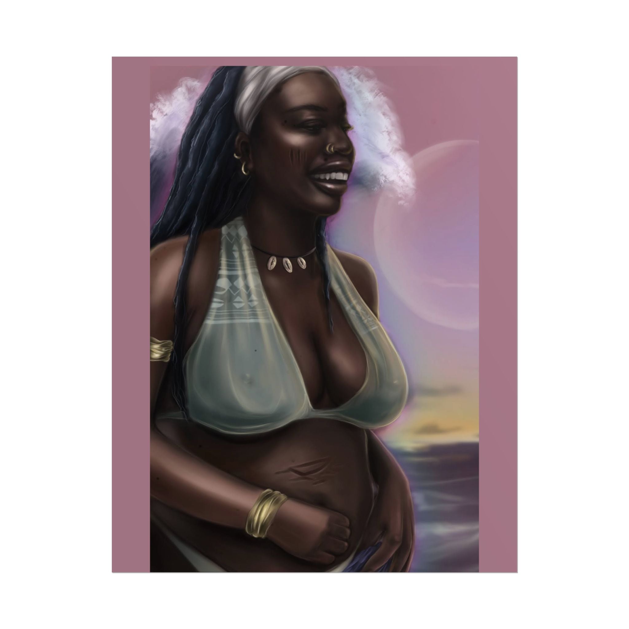 Pregnant Mother Portrait Rolled Poster — Afrocentric Beach Maternity Art Print