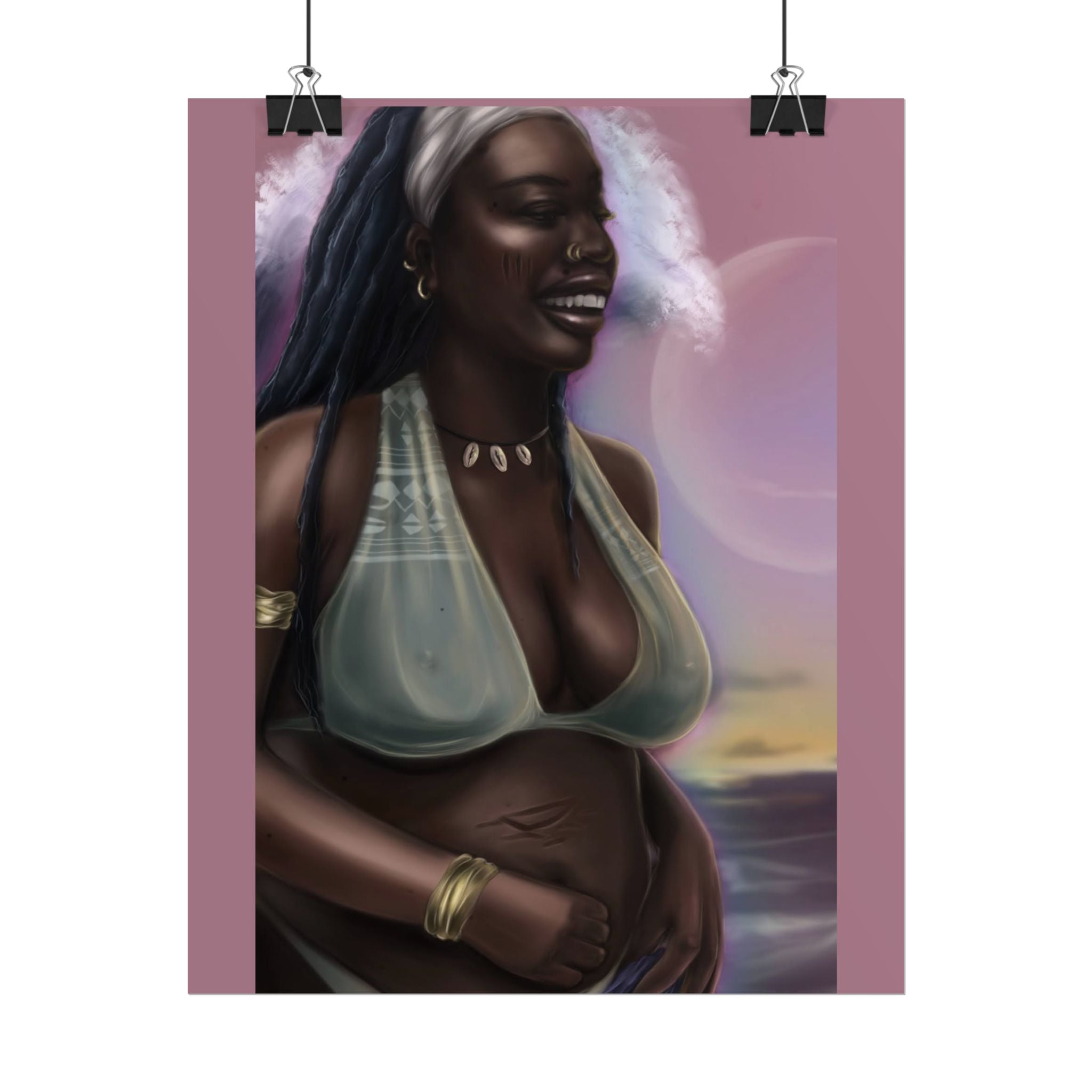 Pregnant Mother Portrait Rolled Poster — Afrocentric Beach Maternity Art Print